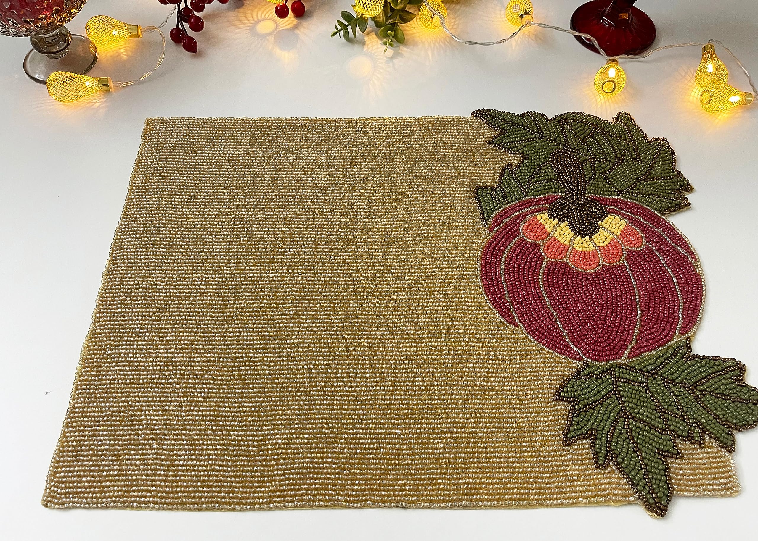 Set of 2 Handmade Beaded Placemats - Pumpkin Design Beaded Charger Plates for Fall Table Decor | Perfect for Thanksgiving, Autumn Dinner Parties & Seasonal Home Decor