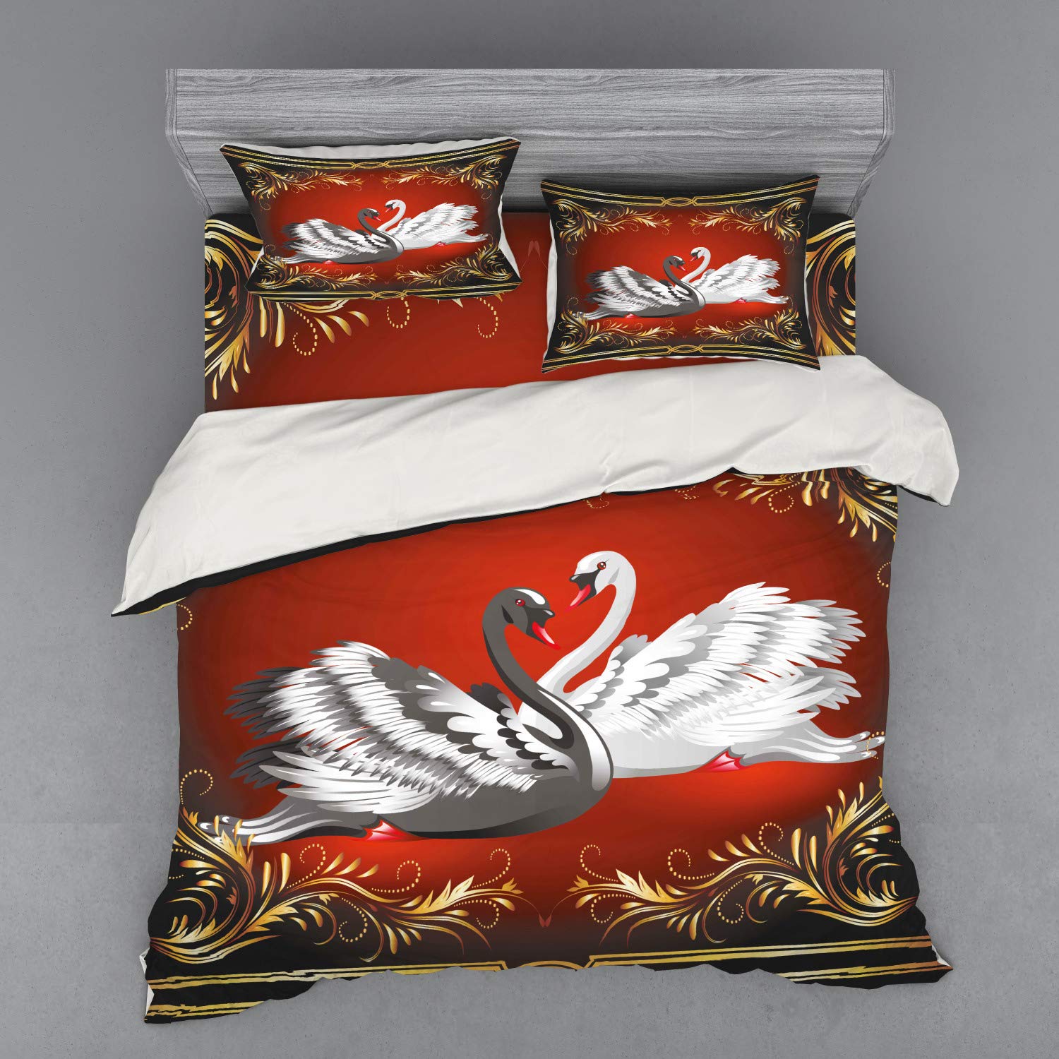 Ambesonne King Size 4-Piece Duvet Cover Set - Black & White Swan Design with Pillow Shams & Fitted Sheet, Elegant Romantic Bedding for Master Bedroom, Guest Room or Wedding Gift