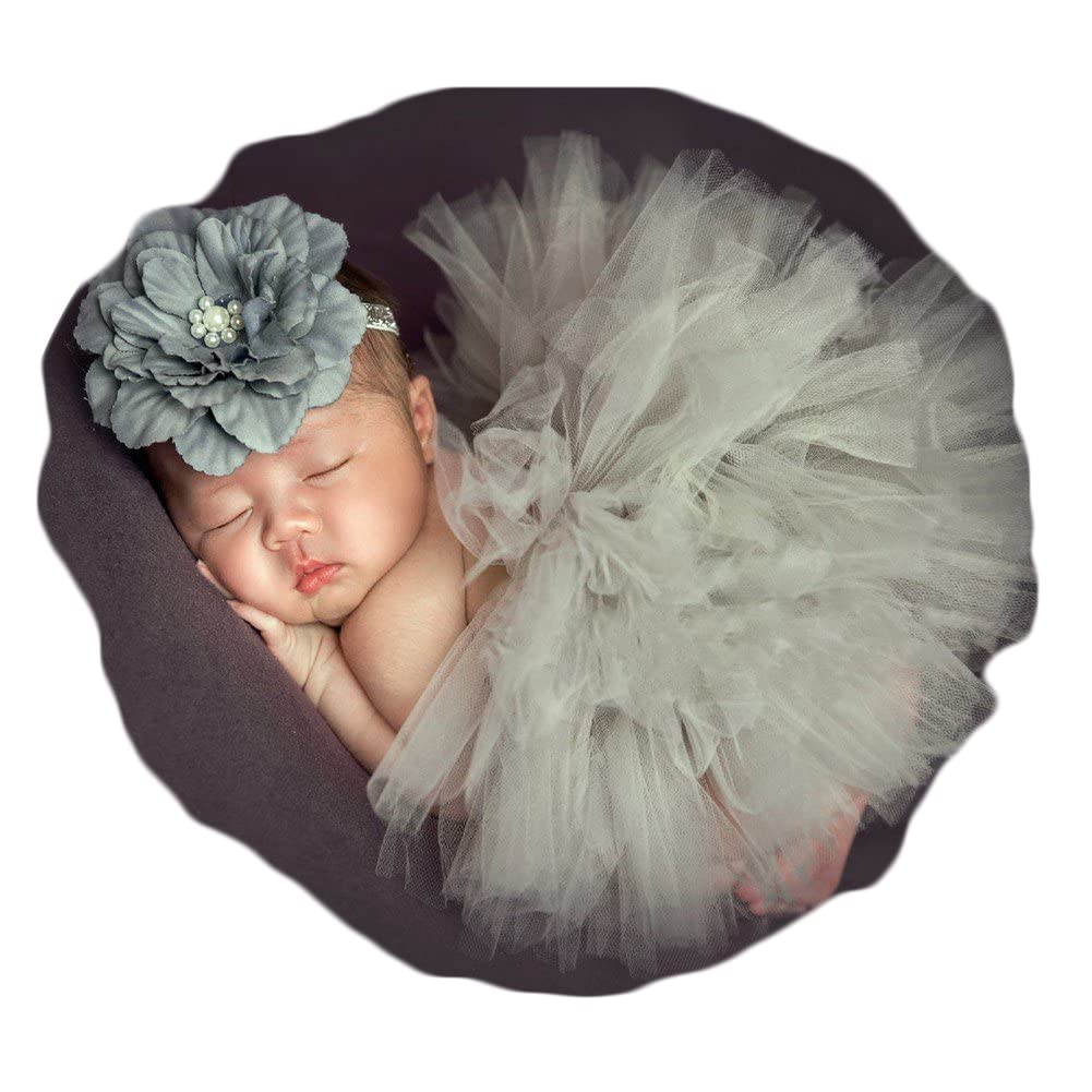 Baby Tutu Skirt & Headdress Set - Newborn Girl Photography Props, Infant Princess Costume Outfit (Grey) for Photo Shoots, Birthday Parties & Special Occasions
