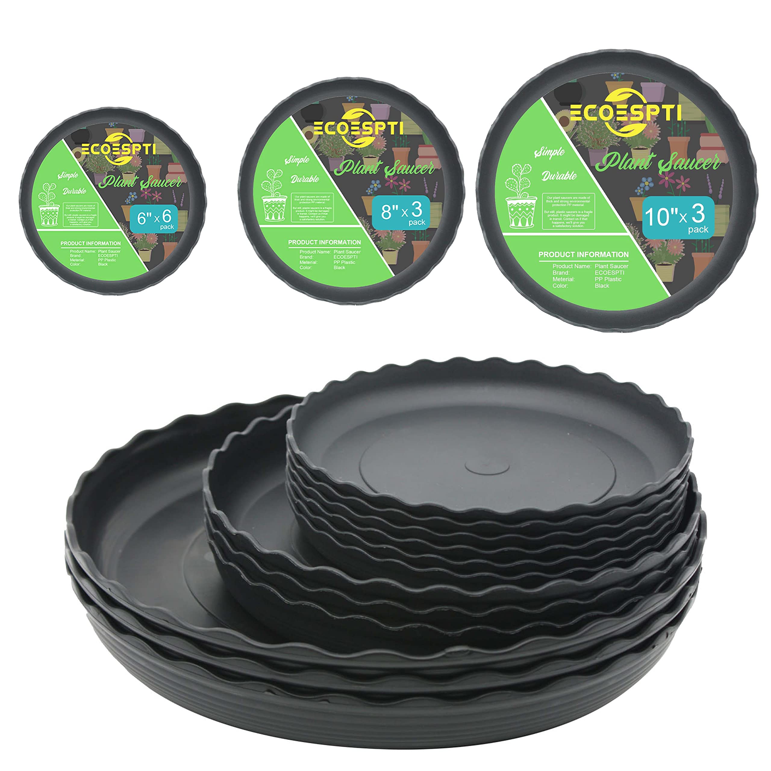 12Pcs Black Plastic Plant Saucers - 6, 8, 10 Inch Durable Round Plant Trays for Indoor & Outdoor Gardening - Perfect Drip Catchers for Pots, Balconies, Greenhouses & Patios