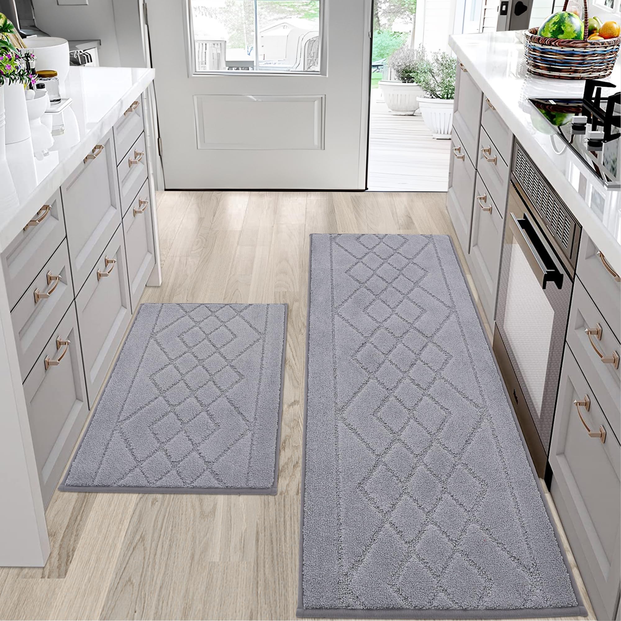 BEQHAUSE Washable Non-Slip Kitchen Rugs Set of 2 - Soft Absorbent Floor Mats for Sink, Hallway & Laundry (24