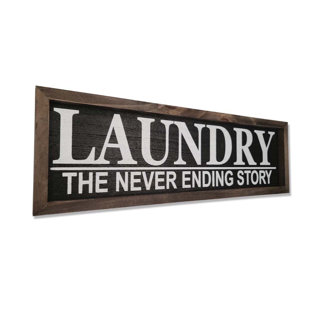 Laundry Room Sign - 'Laundry The Never Ending Story' Funny Wall Decor - 16x5 Inch Rustic Wooden Sign - Perfect for Laundry Room, Bathroom or Housewarming Gift