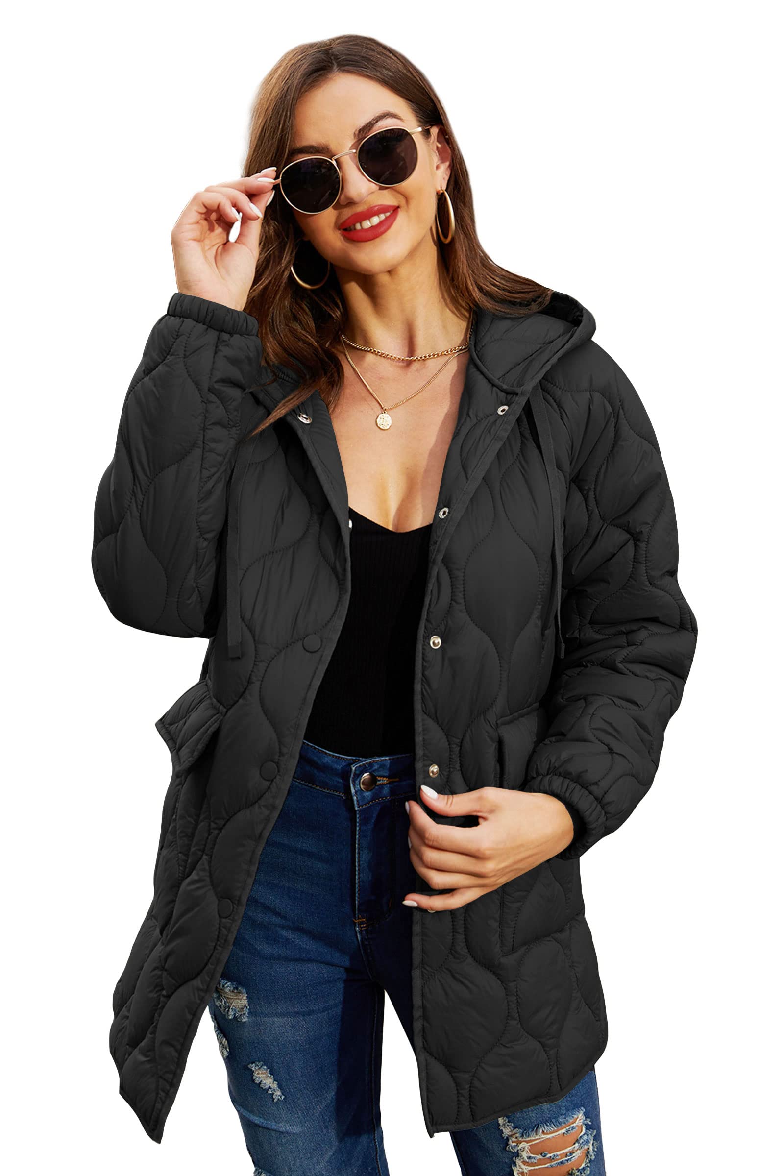 RISISSIDA Women's Lightweight Quilted Puffer Jacket with Hood - Packable Loose Fit Coat for Spring & Fall Fashion | Casual Outerwear for Daily Wear, Travel & Outdoor Activities
