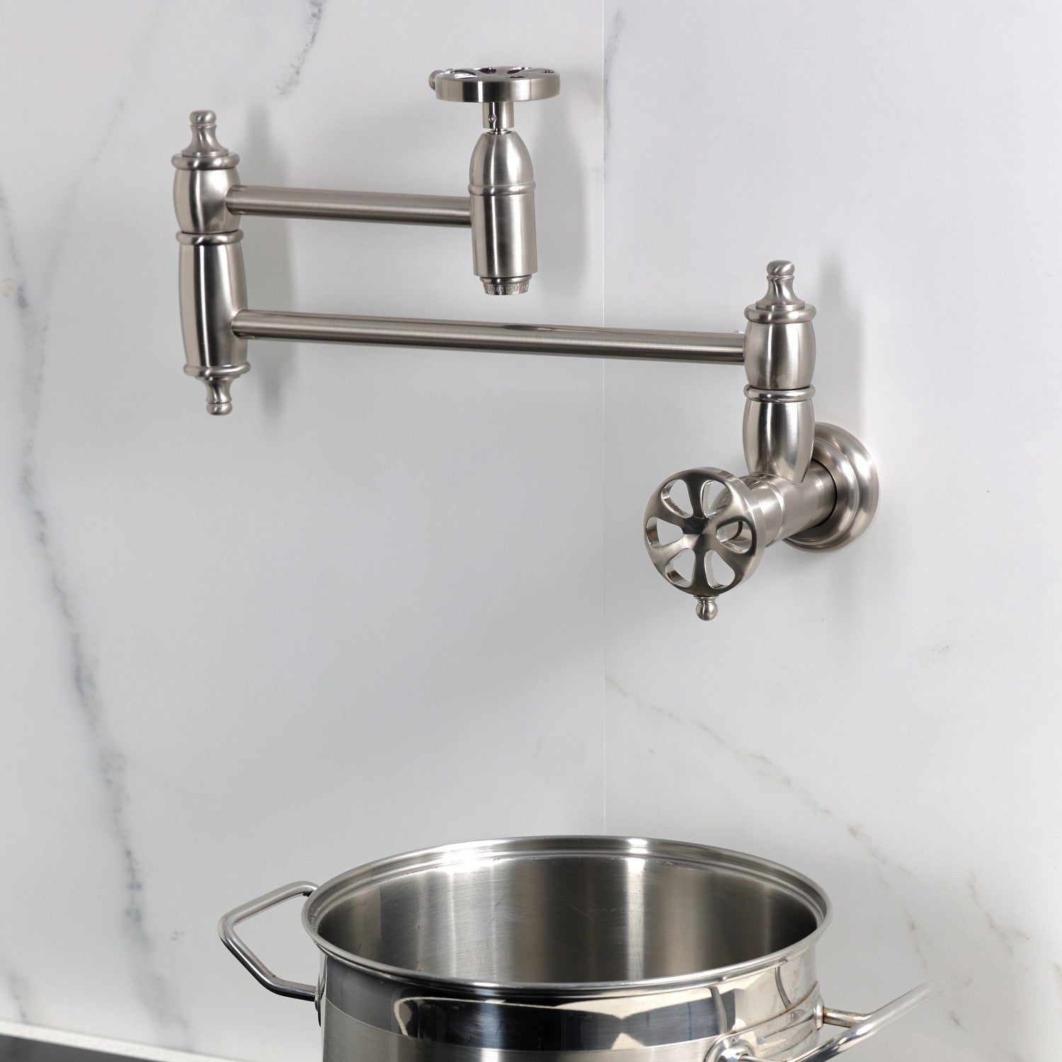 Belknap KS3108RX Brushed Nickel Two Handle Wall Mount Pot Filler Faucet - Perfect for Kitchen Sink, Stove & Cooking Area Water Dispenser