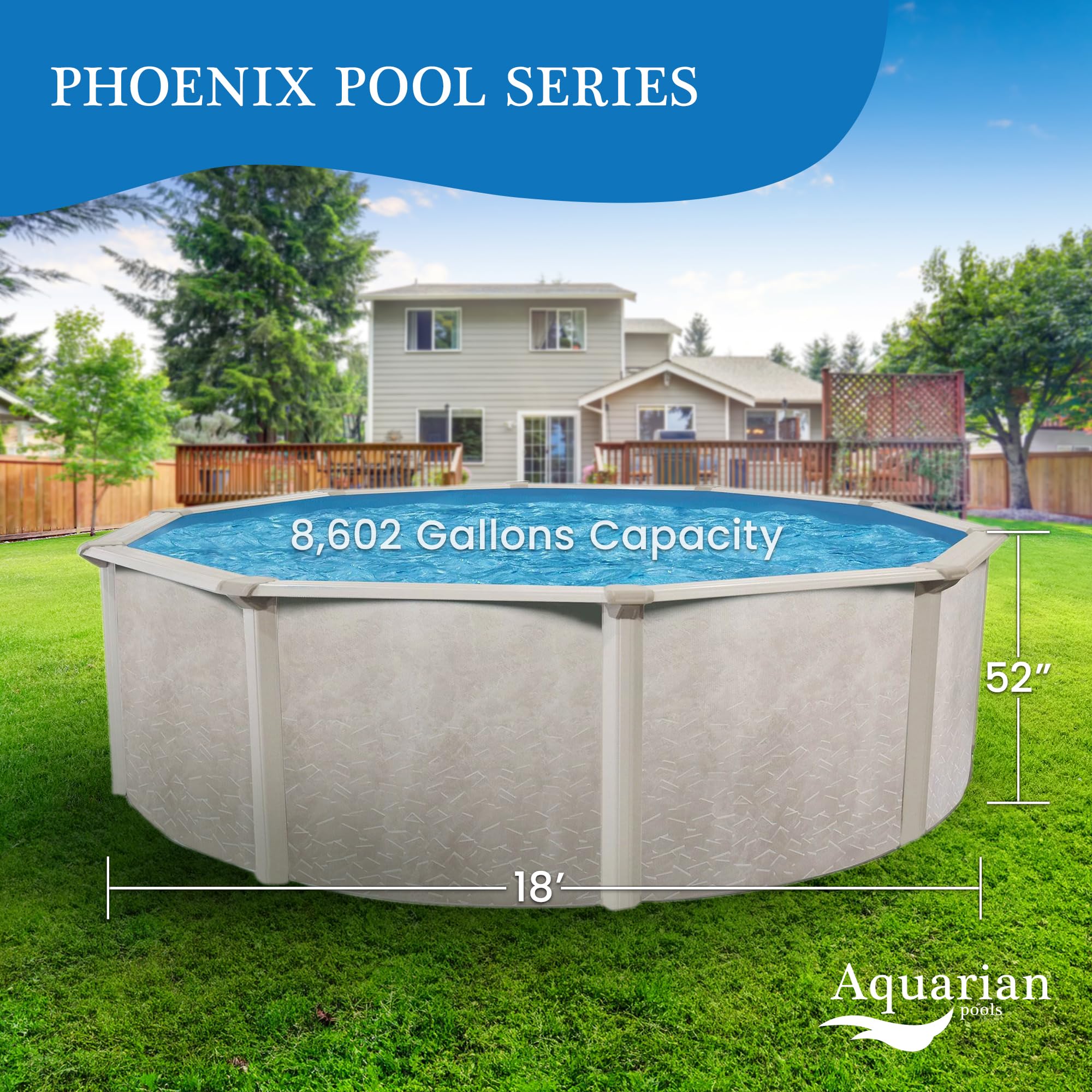 18' Aquarian Steel-Frame Above Ground Swimming Pool Kit with Pump & Leaf Skimmer | Durable Phoenix Design for Backyard, Family Fun & Summer Relaxation