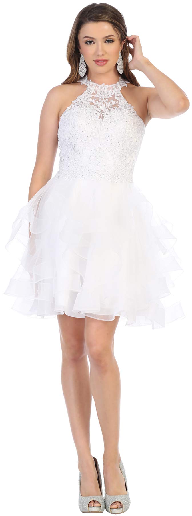 FDS1700 Women's Elegant Embroidered Halter Cocktail Dress - White Size 10 | Perfect for Evening Parties, Weddings & Special Occasions
