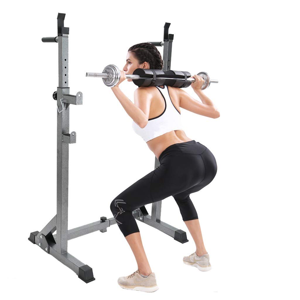LEKODE Adjustable Squat Rack - Heavy Duty Squat Stands with Barbell Holder & Free-Press Bench for Home Gym, Power Rack for Weightlifting & Strength Training - Perfect for Small Spaces & Garage Workouts
