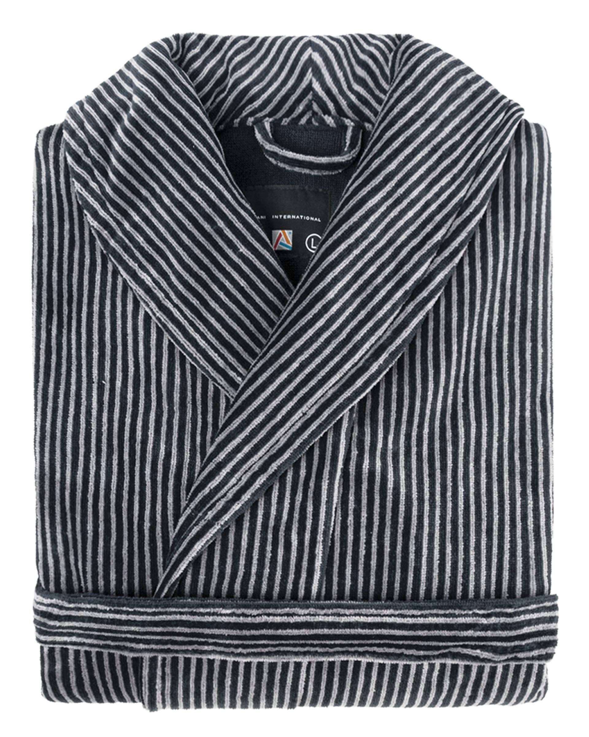 Premium Men's Velour Shawl Robe & Slippers Set - Striped Black & Grey - European Crafted Luxury Loungewear for Spa, Home Relaxation & Gift Giving