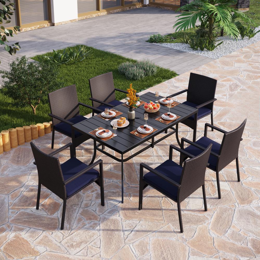 PHI VILLA 8-Piece Outdoor Patio Dining Set with 13ft Umbrella, Wicker Rattan Chairs & Durable Steel Table - Perfect for Backyard, Garden, Poolside & Outdoor Entertaining