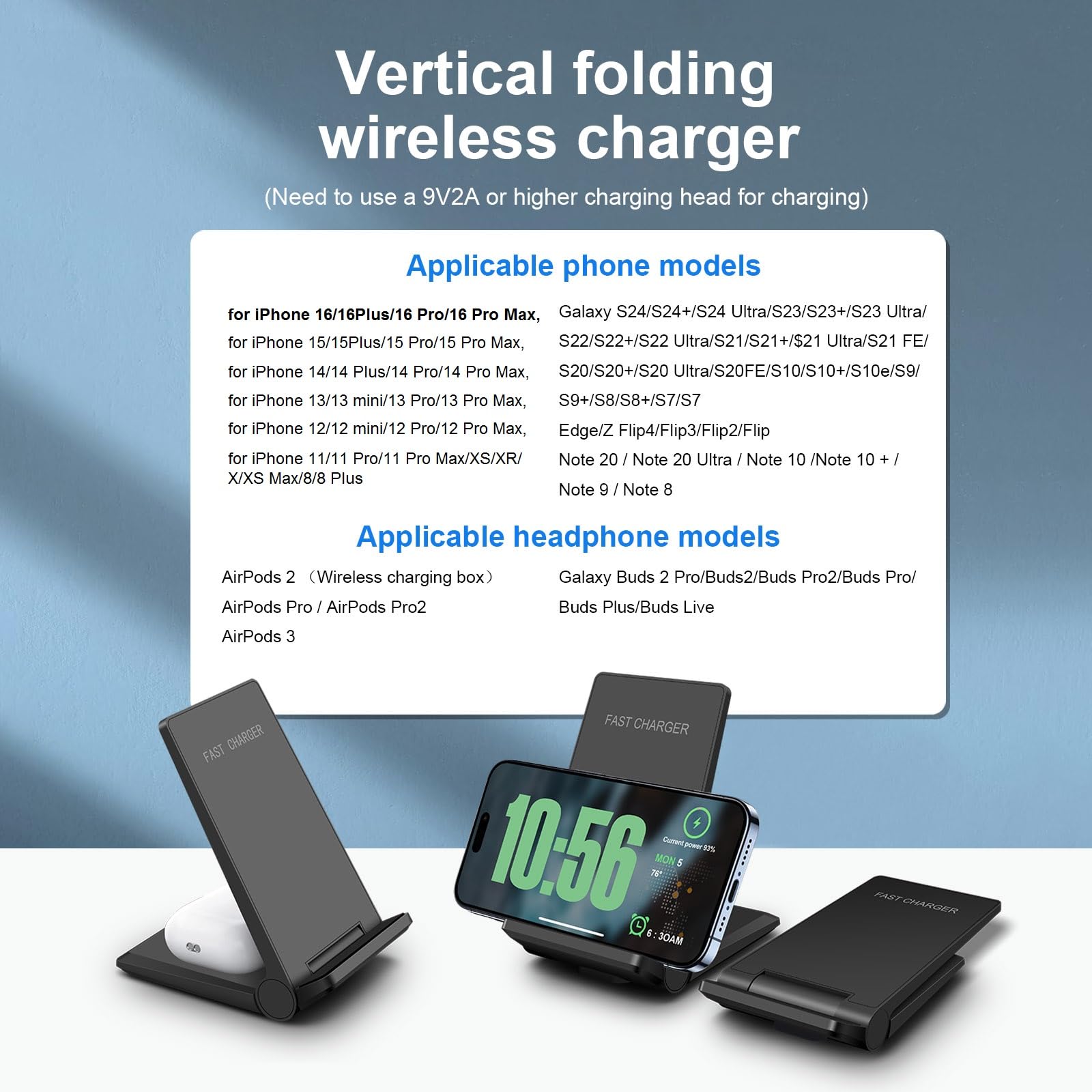 20W Fast Wireless Charging Stand - 2-in-1 Qi-Certified Charger for iPhone 16/15/14/13/12/11 Pro Max/XR/XS/8 Plus & AirPods | Compatible with Samsung Galaxy S24/S23/S22 Ultra/S21/S20/S10/S9, Note 20/10 & Galaxy Buds | Perfect for Bedside, Office & Travel Charging