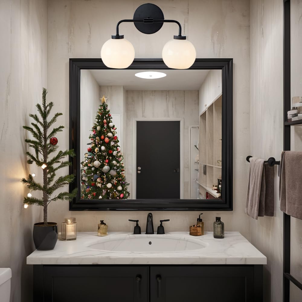 17 Inch Modern Glass Globe Double Sconce Wall Light - Matte Black Metal Finish with Hand-Polished Milky Glass Shade - Elegant Vanity Lighting for Bedroom, Bathroom & Over Mirror - Perfect for Indoor Home Decor & Ambient Lighting