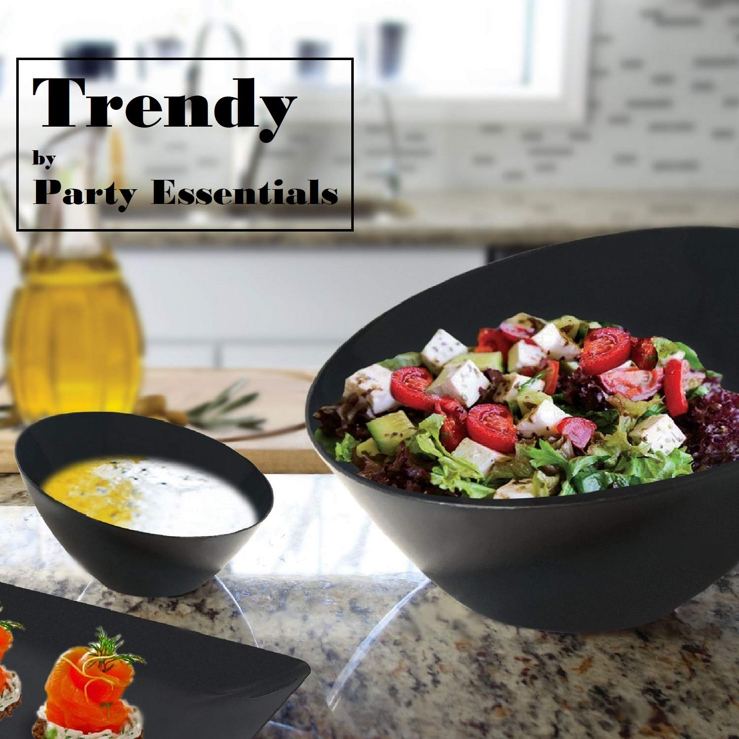 Party Essentials Plastic Serving Angle Bowls for Snacks, Appetizers & Salad | Durable Disposable Bowls for Parties, Picnics, BBQs & Events