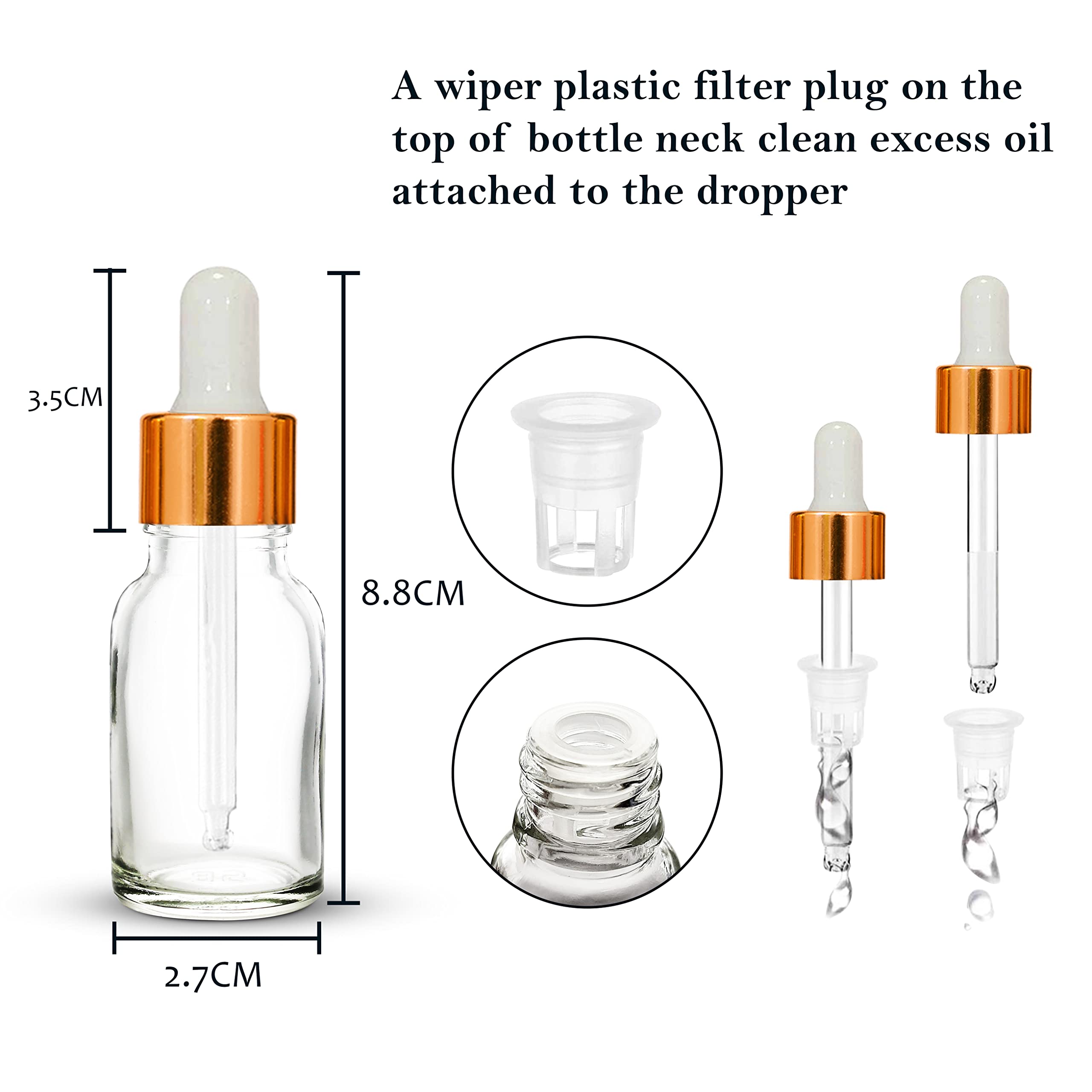 NSB Herbals 15ml Clear Round Empty Glass Bottle with Glass Dropper, Golden Ring & White Silicone Teat - Refillable for Essential Oils, Perfumes, DIY Beauty (Pack of 3) | Perfect for Aromatherapy, Travel & Home Use