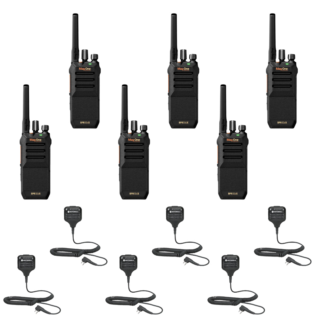 Motorola BPR50dx 6-Pack Two-Way Radio Bundle with Speaker Microphones - Ideal for Construction, Warehousing & Outdoor Adventures