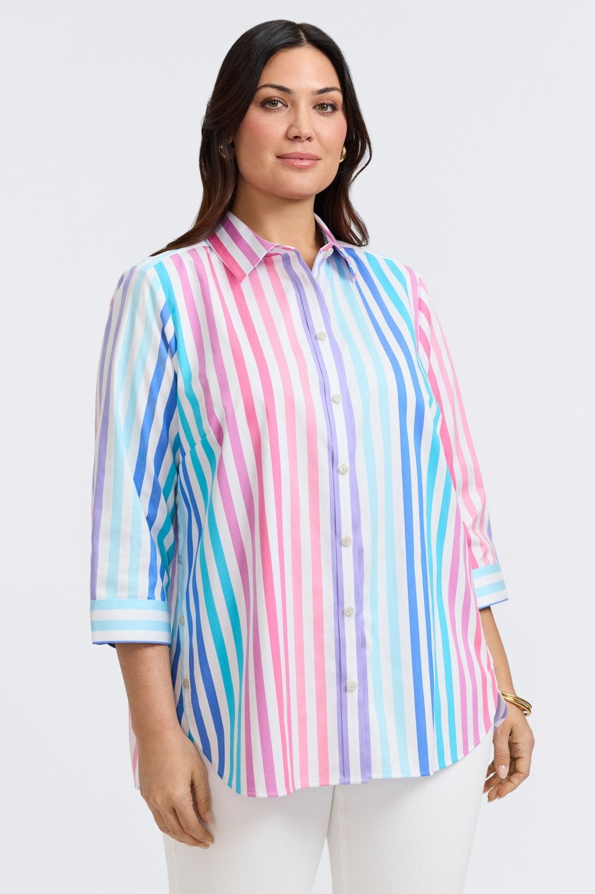 Juliet Plus No Iron Stretch Matte Sateen Ombré Stripe 3/4 Sleeve Shirt for Women - Wrinkle-Free Comfort Blouse for Office, Business Casual & Everyday Wear