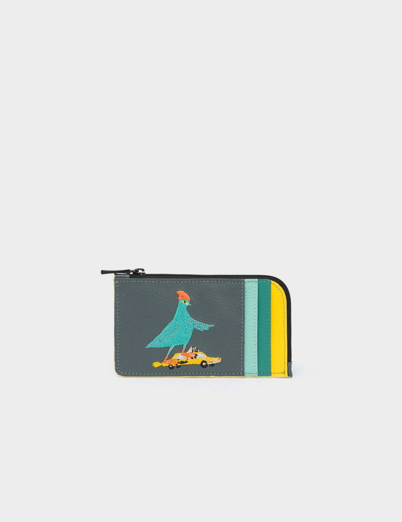 Fausto Stormy Gray Leather Zip Around Cardholder with Pigeonista Embroidery - Slim RFID Blocking Wallet for Men & Women - Perfect for Travel, Business & Everyday Use