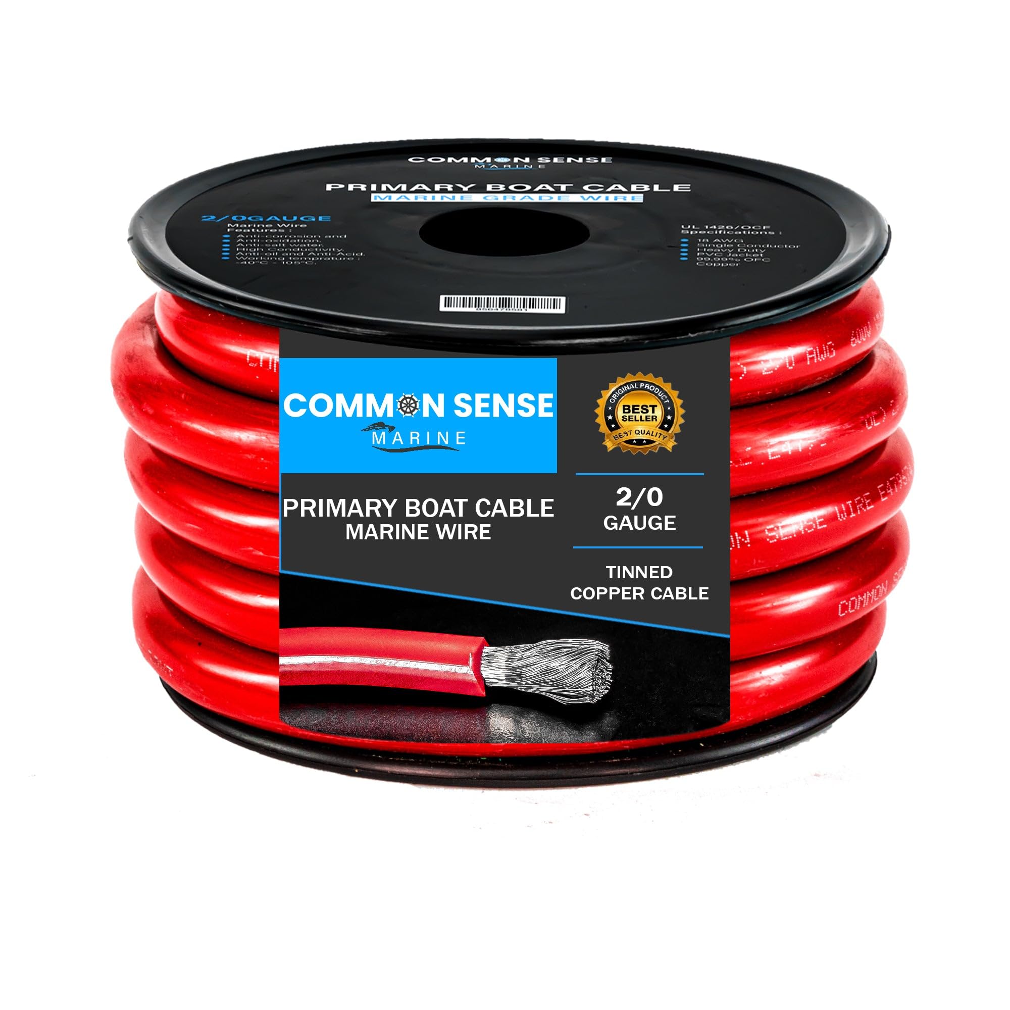 2/0 Gauge Marine Grade Boat Cable - 18 ft Tinned Oxygen-Free Copper Wire (2/0 AWG) UL 1426 PVC Insulated for Boats, Automotive, RV, Speakers & Trailers - Perfect for Marine Electrical Systems, Car Audio Installations & Off-Grid Power Solutions