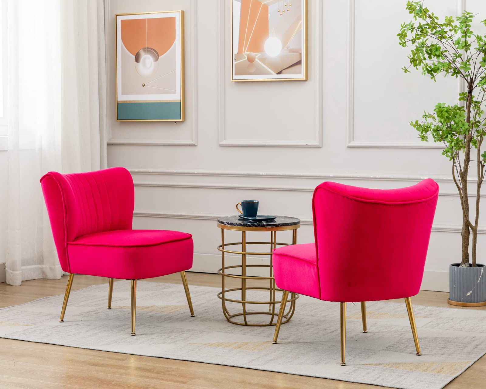 CIMOTA Velvet Accent Chairs Set of 2 - Modern Armless Slipper Chairs with Golden Legs for Living Room, Bedroom, Office - Rose Red Wingback Lounge Chairs for Reading Nook, Cozy Corner & Home Decor