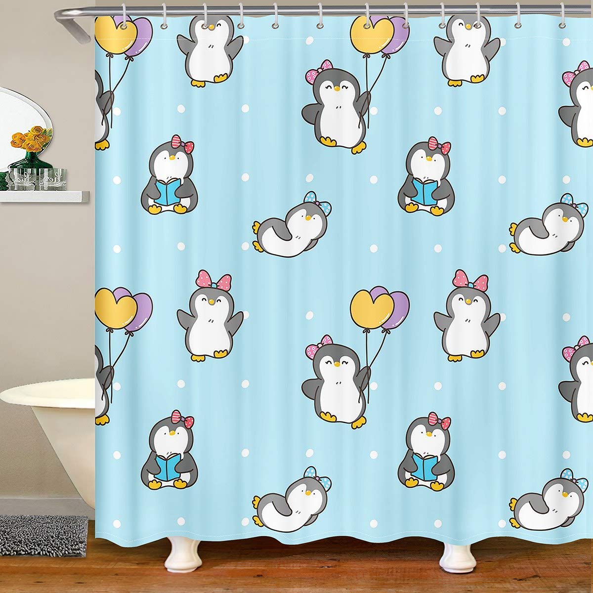 Cute Penguin Shower Curtain - 72x84 Inch Waterproof Bathroom Decor with Funny Polar Animal Print for Kids, Boys & Girls - Perfect for Bathtubs, Stalls and Themed Bathroom Accessories - Ideal for Children's Rooms, Nursery Decor or Playful Bath Time Fun