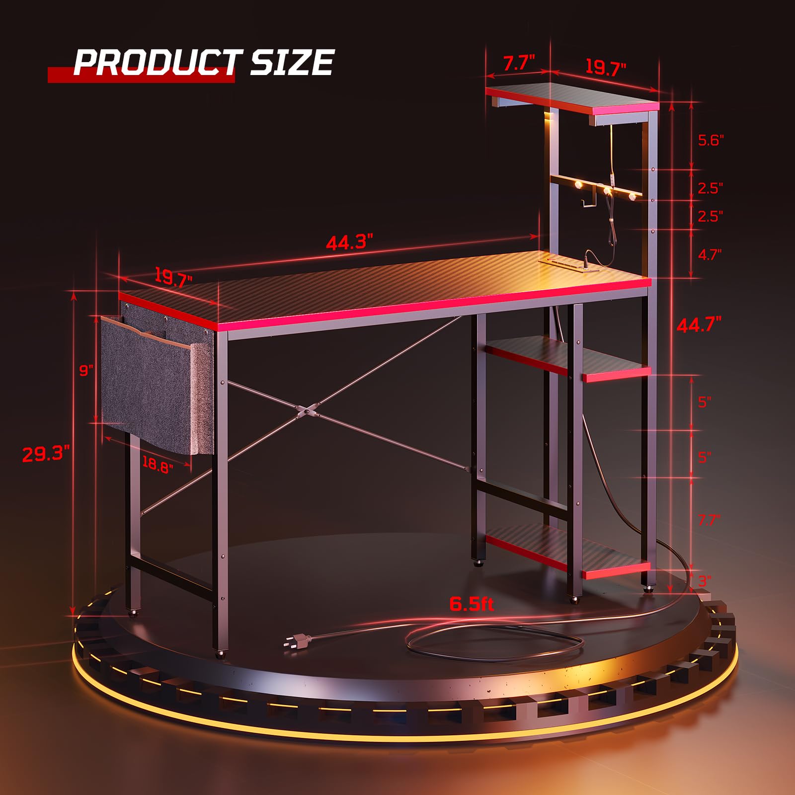 Bestier 44 Inch Gaming Desk with Power Outlets & LED Lights - 4-Tier Reversible Shelves, Headset Hook & Side Storage Bag - Ergonomic PC Gaming Table for Bedroom (Black 3D Carbon Fiber) - Perfect for Esports, Streaming & Home Office Setup
