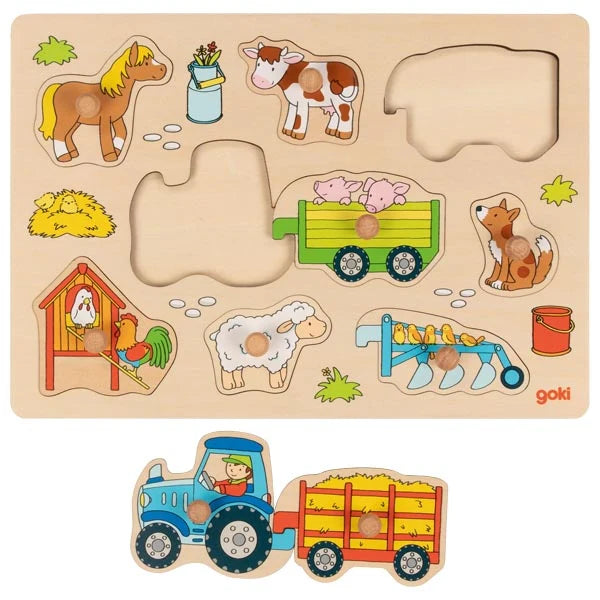 Wooden Lift Out Peg Puzzle - Tractor with Trailers - Educational Toddler Toy for Fine Motor Skills Development - Perfect for Preschool Learning & Farm-Themed Playtime
