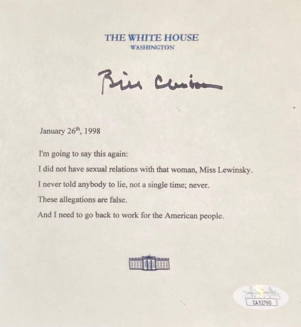 Bill Clinton Signed Black Mock White House Letter - Monica Lewinsky Scandal Memorabilia - 6x6 Inches with JSA Certificate - Perfect for Collectors, History Buffs & Political Memorabilia Enthusiasts