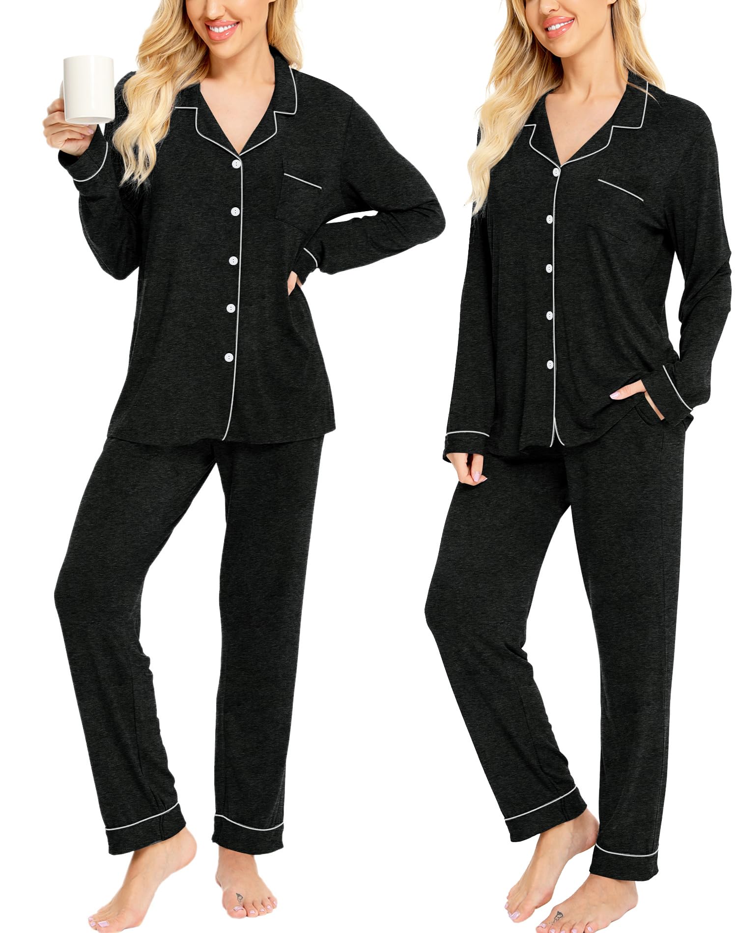 SWOMOG Women's Long Sleeve Pajama Set - Soft Cotton Button Down Sleepwear & Lounge Pjs for Nighttime Comfort, Relaxing at Home, and Cozy Evenings