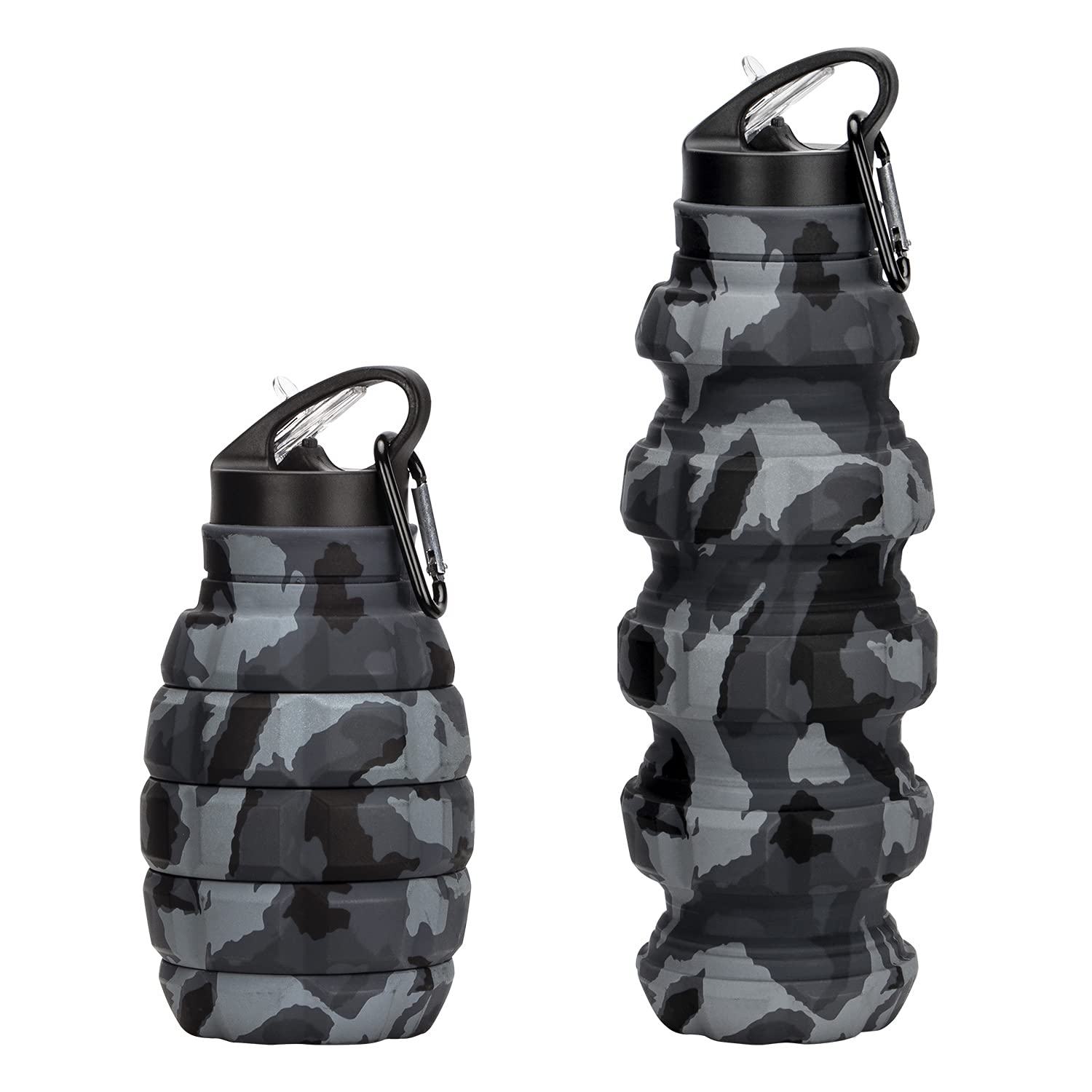 Collapsible Travel Water Bottle 19.6 oz - Reusable Silicone Foldable Water Container for School, Office, Gym, Camping & Hiking - Portable Leakproof Sports Water Bottle with Carabiner Clip (Dark Gray Camo) - Perfect for Outdoor Adventures, Workouts & Daily Hydration