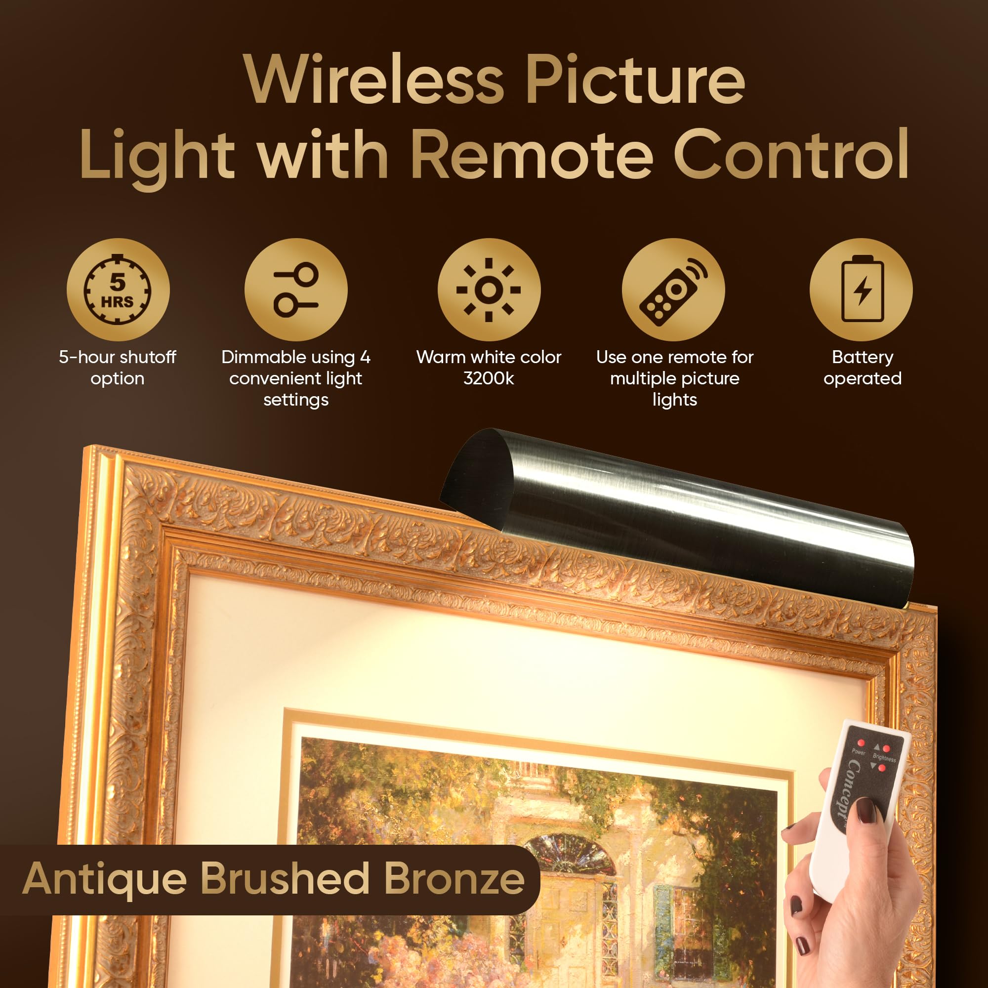 Concepdesigns 18-Inch Battery Operated Dimmable Picture Light with Remote Control - Antique Brushed Bronze Wireless Wall Art Light for Gallery, Library & Home Decor