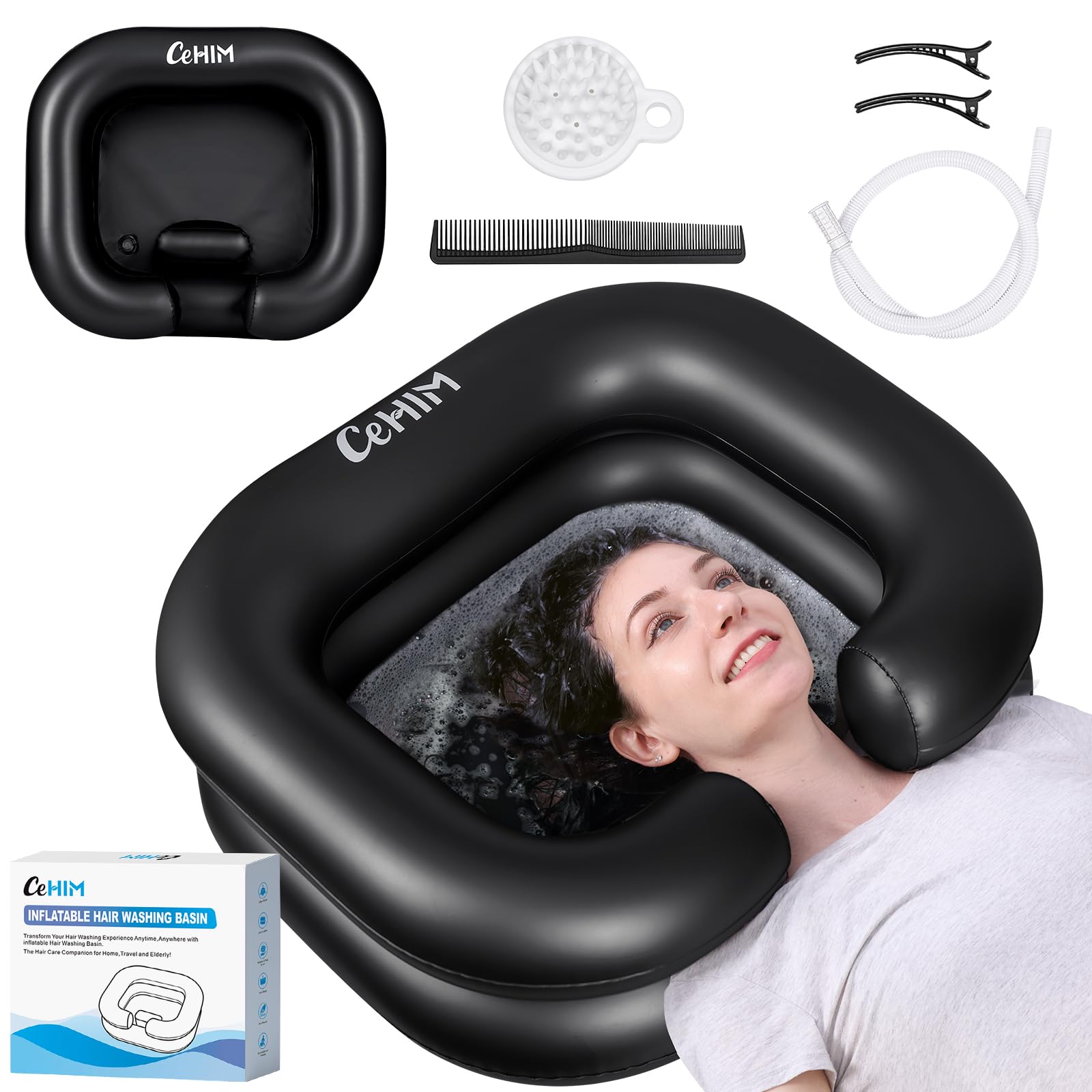 **Portable Inflatable Shampoo Basin for Hair Washing - Lightweight & Adjustable Shampoo Bowl for Bedridden, Disabled, or Injured Patients - Perfect for Dreadlocks, Home Sink, Salon, and Travel Use (Black)**