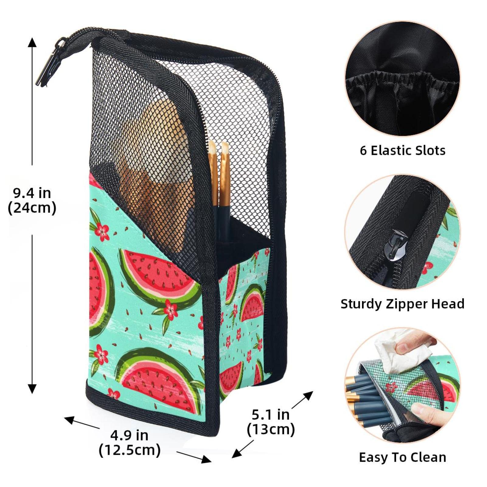 12-Piece Makeup Brush Organizer Bag with Daisy Watermelon Green Design - Portable Cosmetic Brush Holder Case for Travel & Home Storage