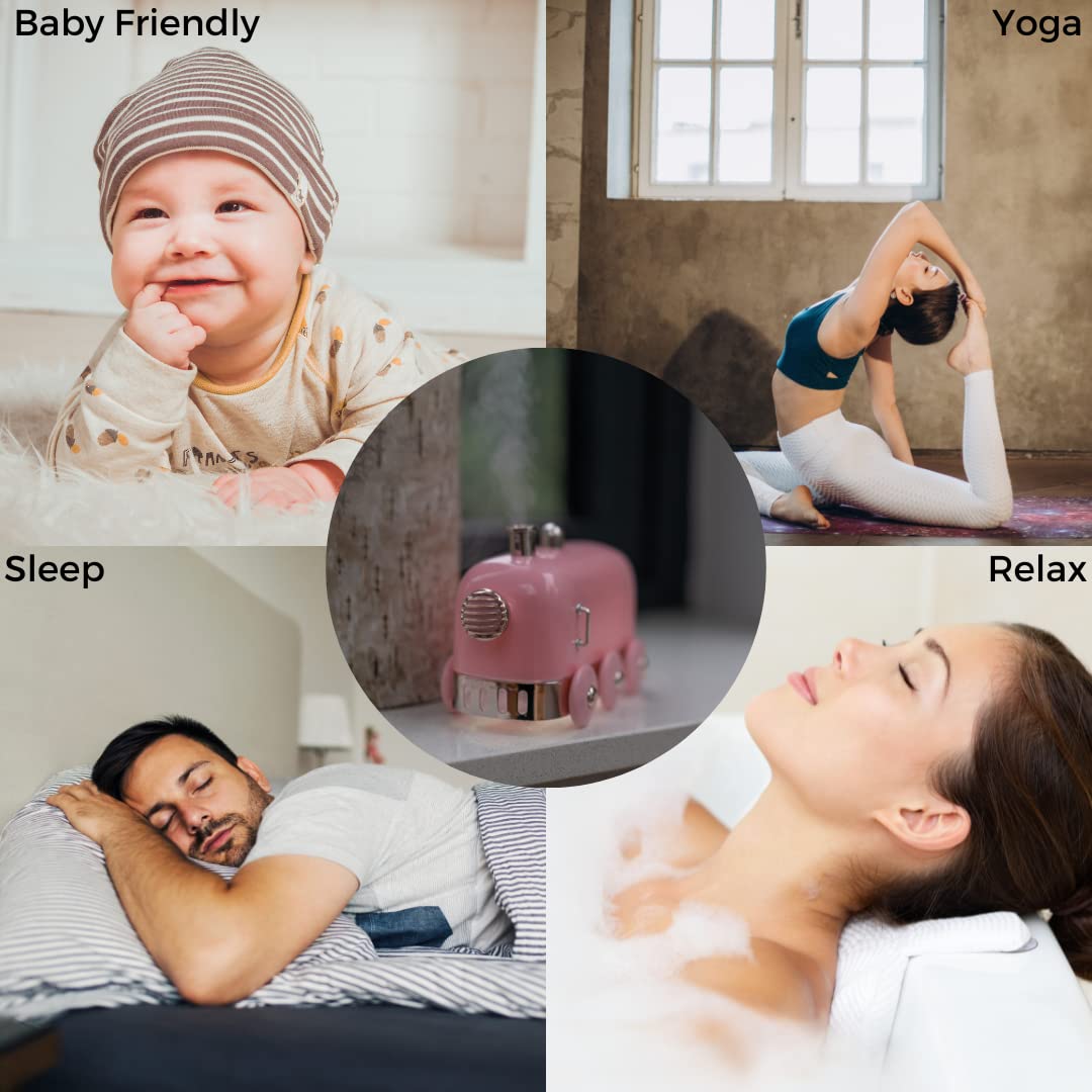 **Cello Ultrasonic Diffuser - Pink Train USB Aromatherapy Essential Oil Humidifier for Home, Office, Yoga & Spa**