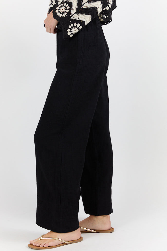 Black Gauze Wide Leg Pull On Pants for Women - Breathable & Comfortable Summer Lounge Wear - Perfect for Yoga, Beach, and Casual Outfits