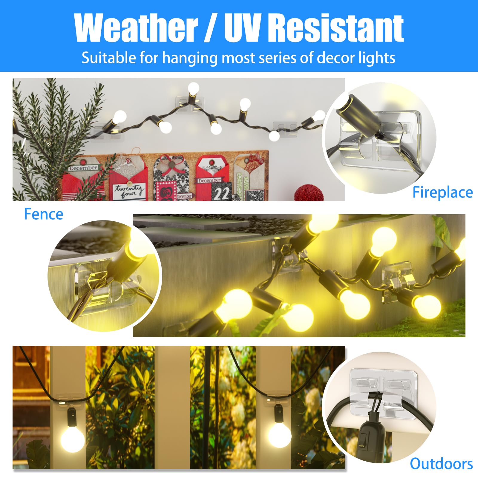 25Pcs Heavy Duty Outdoor String Light Hooks with Waterproof Adhesive - Durable Cable Clips for Christmas Lights, Patio, Garden & Home Decoration