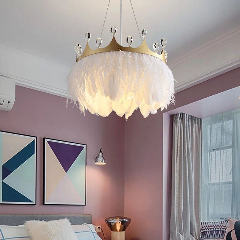 Crystal Pendant Light with White Feather Crown - Elegant Chandelier for Dining Room, Bedroom & Living Room Decor | Ethereal Lighting Fixture for Home & Wedding
