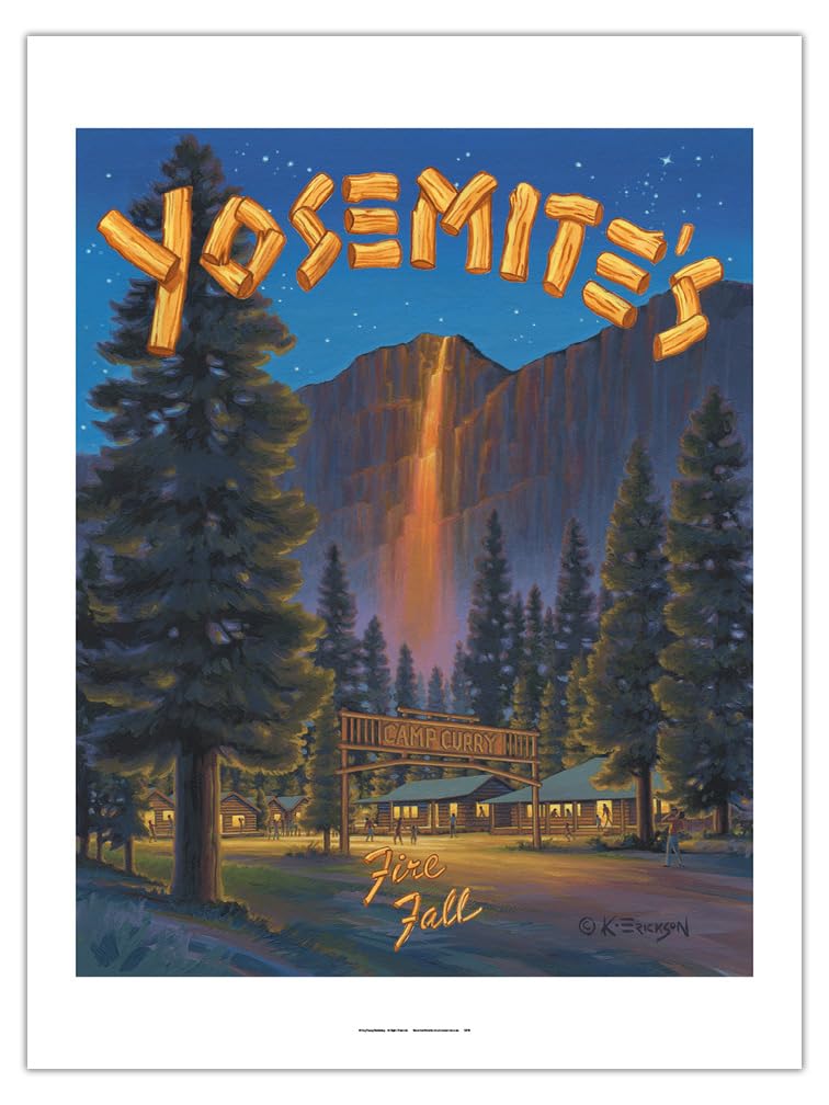 Vintage Yosemite National Park Travel Poster - Yosemite's Fire Fall, Camp Curry & Glacier Point by Kerne Erickson - Unframed Bamboo Fine Art Print (24x32in, 290gsm) - Perfect for Home Decor, Office Wall Art & National Park Enthusiasts