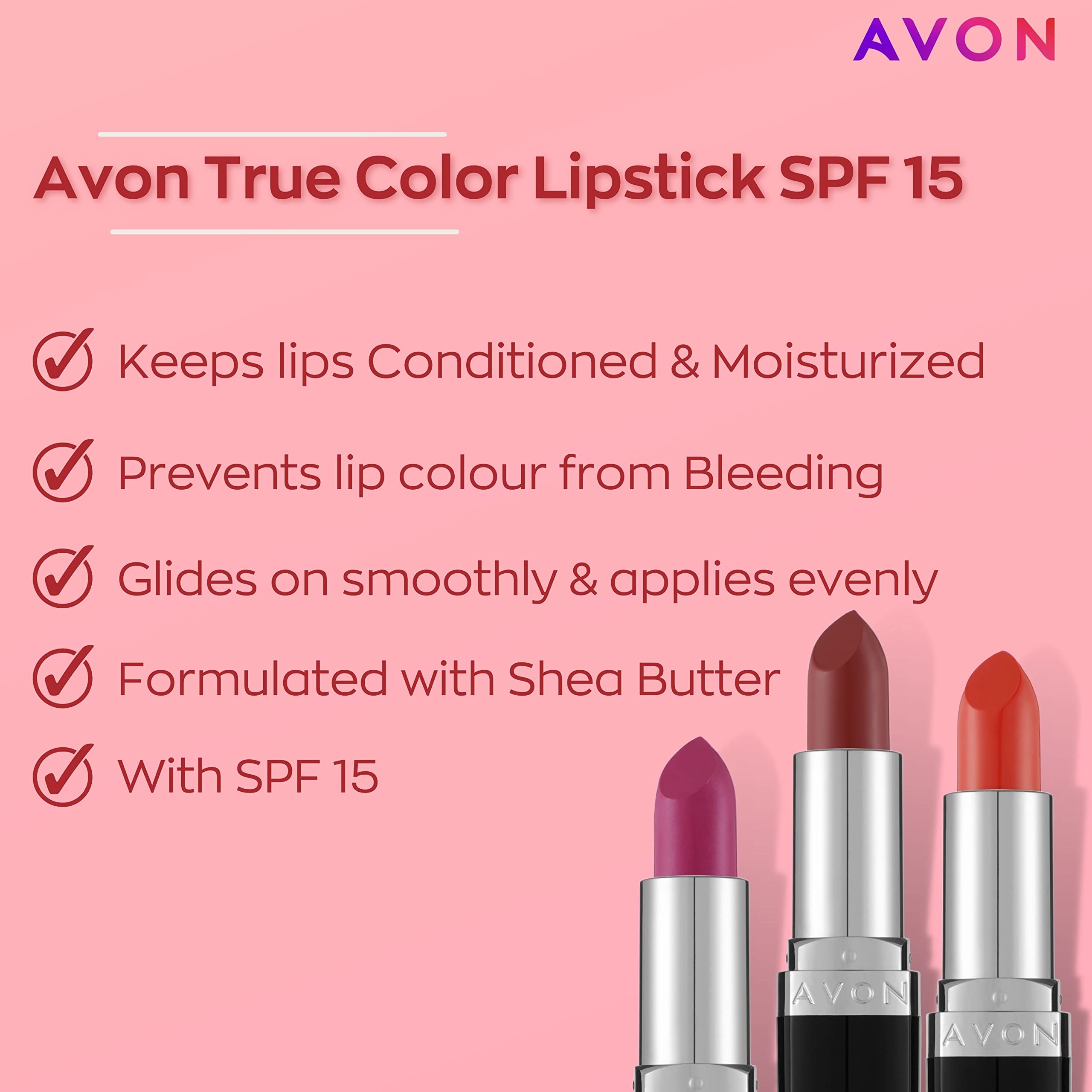 Avon True Color Lipstick SPF 15 - Creamy Shea Butter Lipstick for Hydration & Sun Protection | Long-Lasting Nourishing Lip Color in Scarlet Siren | Perfect for Daily Wear, Date Nights & Special Occasions
