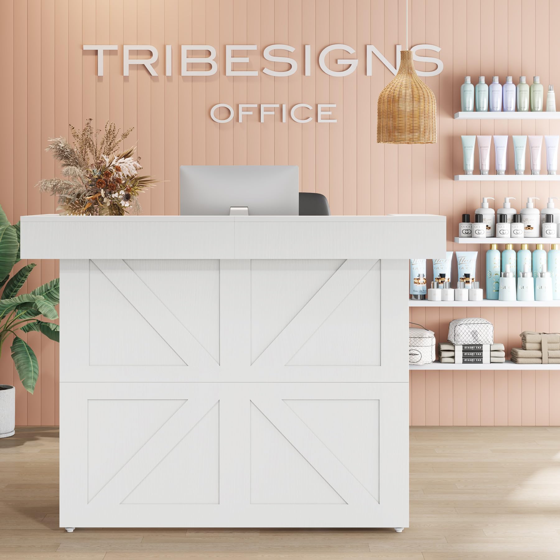 Tribesigns 55-Inch Modern Reception Desk with Built-In LED Light & Cable Grommets - White Office Lobby Counter Table for Salon, Retail Store, Hotel & Business Reception Area - Perfect for Professional Workspaces & Customer Service Areas