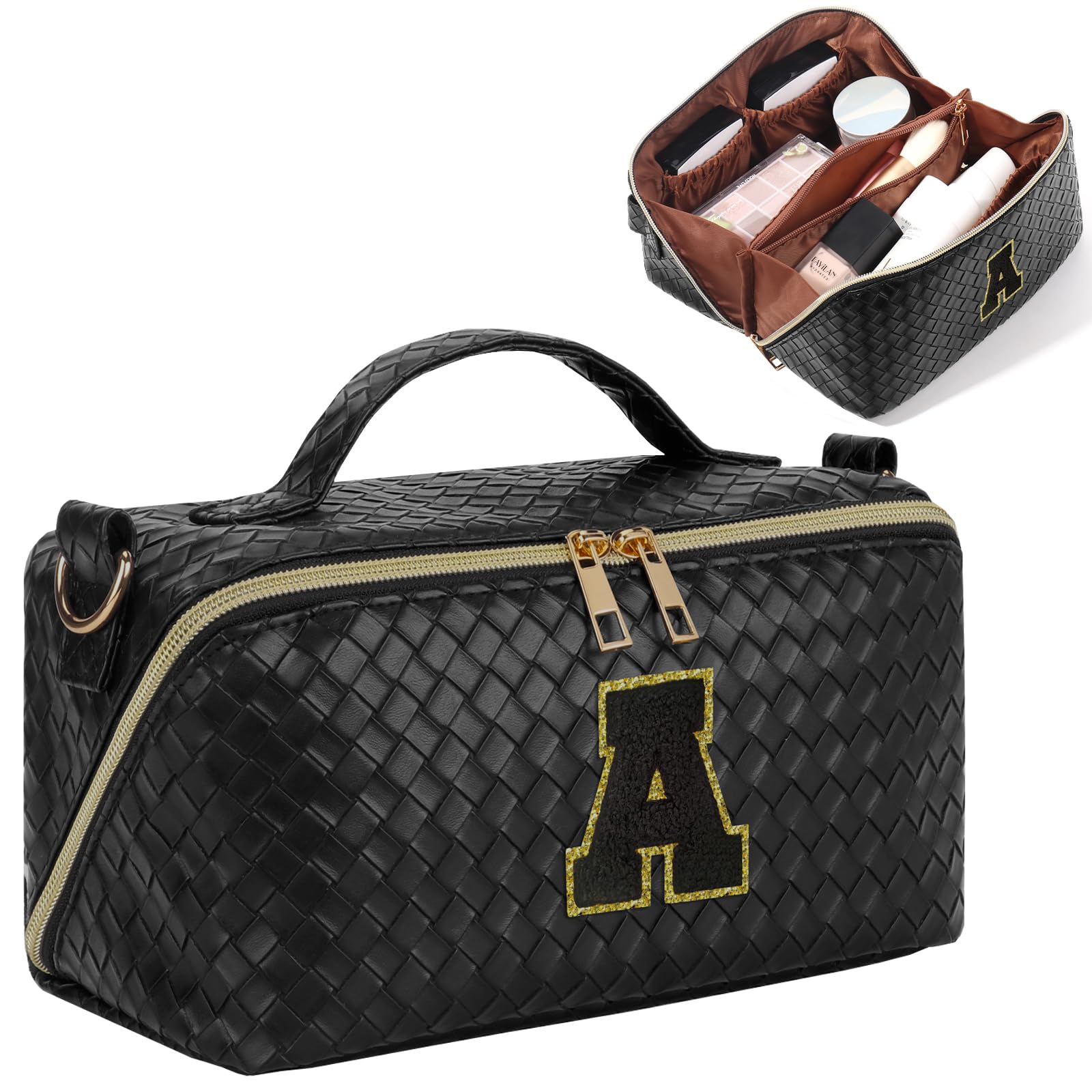 Personalized Travel Makeup Bag with 26 Initial Options - Large Capacity Cosmetic Organizer for Women & Girls, Portable Crossbody Makeup Pouch with Strap (Black) - Perfect for Travel, Gym, Work & Daily Essentials Storage