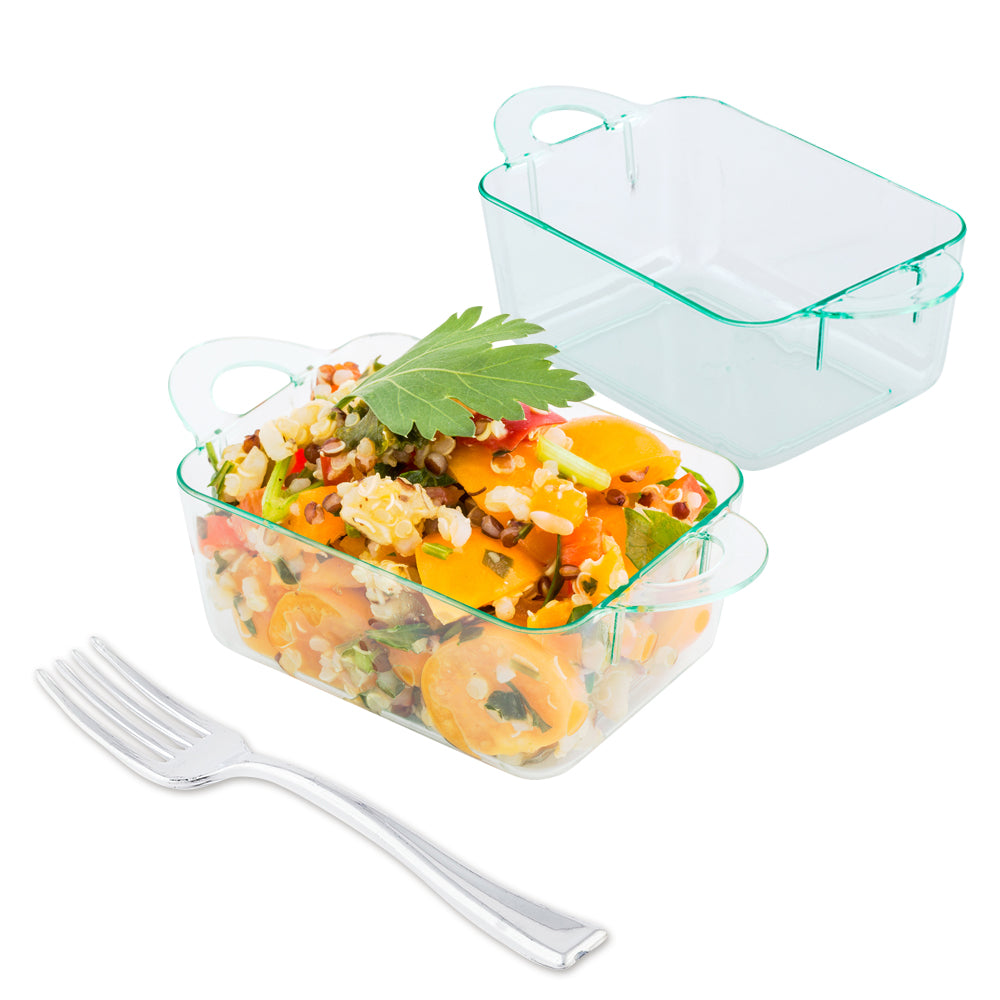 100-Pack 3 oz Rectangle Seagreen Plastic Ramekins with 100 Silver Mini Forks - Perfect for Party Appetizers, Desserts, and Catering Events