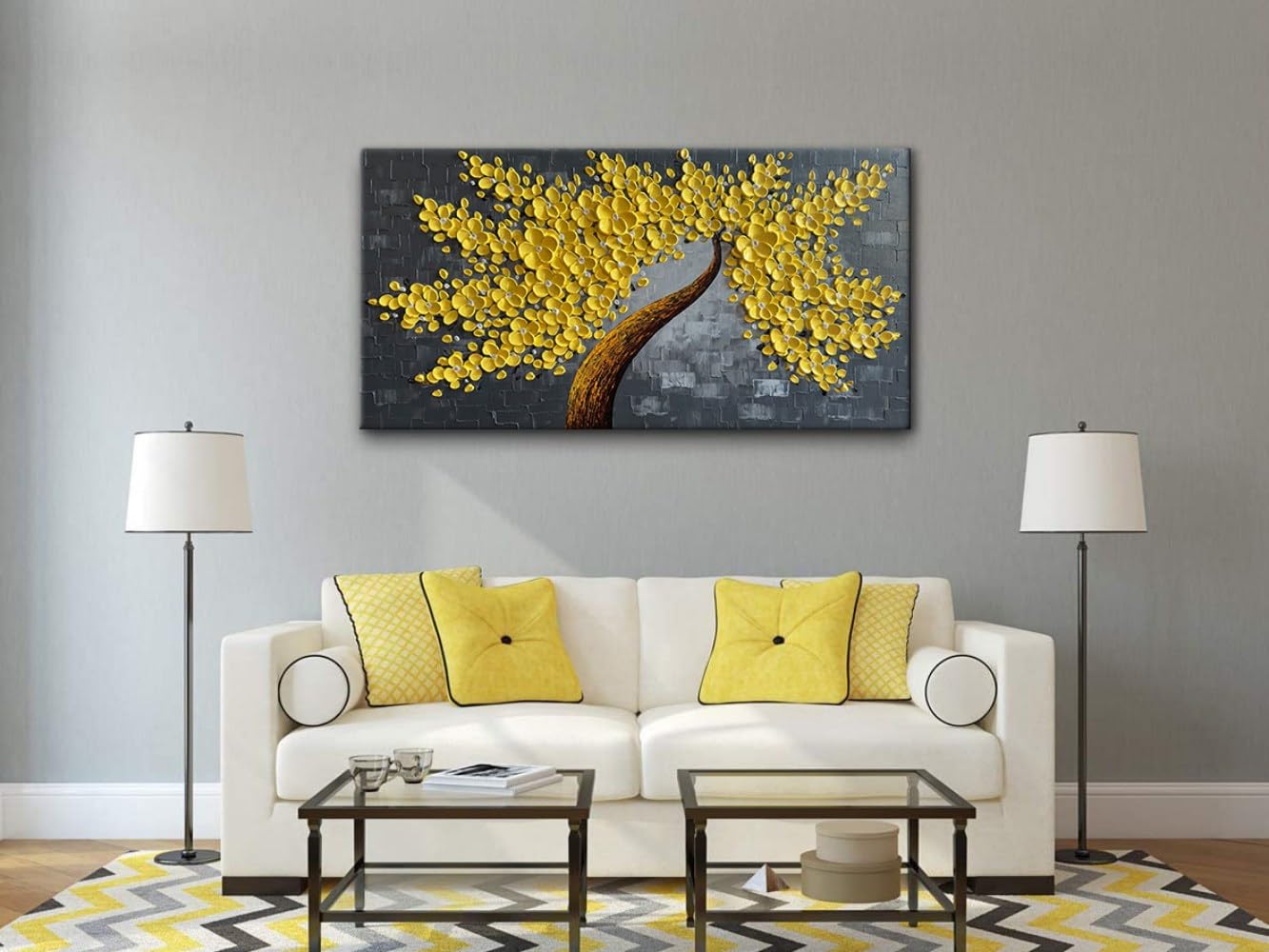 Alenoss Hand Painted Yellow Floral Oil Painting on Canvas - 48x24 Inches Large Abstract Wall Art for Living Room, Bedroom & Office Decor | Modern Home Decorations & Unique Gift Idea
