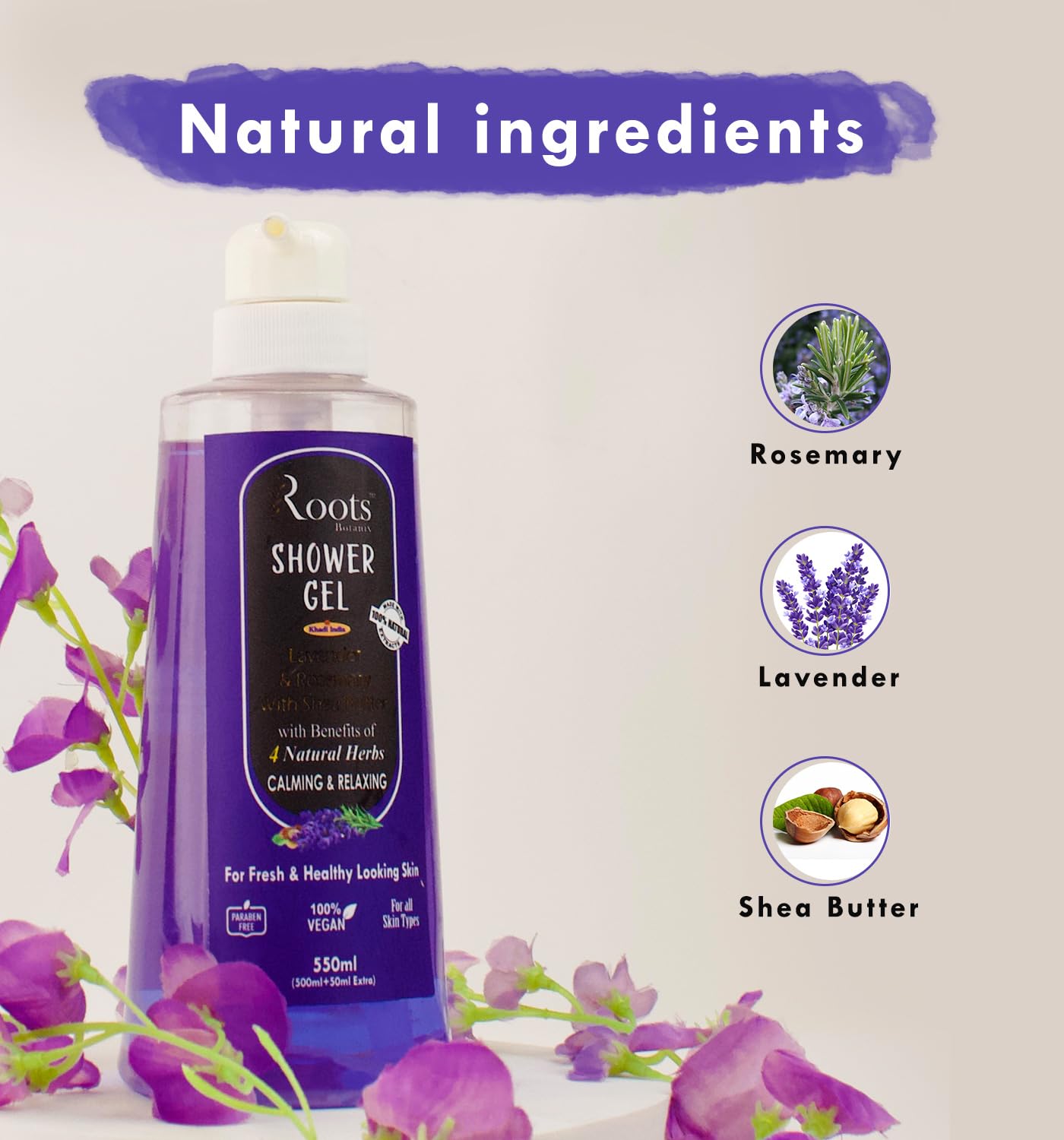 Roots Botanix Lavender Body Wash - Natural Shower Gel for All Skin Types | Paraben & Silicone Free | 18.6oz Hydrating Cleanser for Dry & Sensitive Skin | Relaxing Aromatherapy Bath & Shower Experience