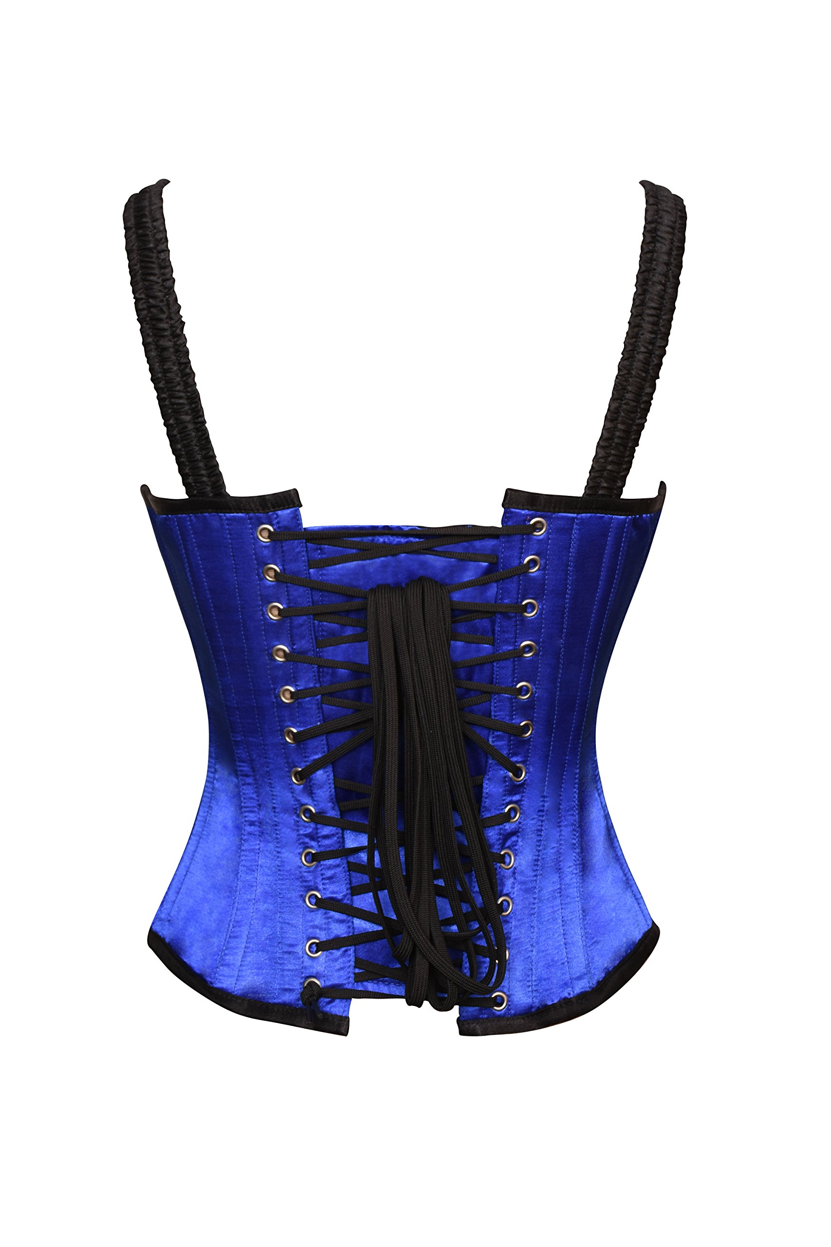 Blue Black Satin Leather Shoulder Straps Steampunk Corset Bustier Overbust Top - Gothic Lingerie for Cosplay, Burlesque & Victorian Fashion