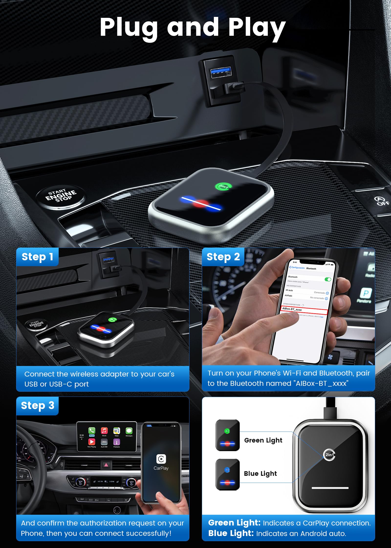 Wireless CarPlay Adapter for iPhone iOS 10+ & Android Auto Wireless Adapter for Android 11+ | 2-in-1 Wired to Wireless Converter | Compatible with 2016+ Cars with OEM Wired CarPlay/Android Auto | Perfect for Hands-Free Driving, Music Streaming & GPS Navigation