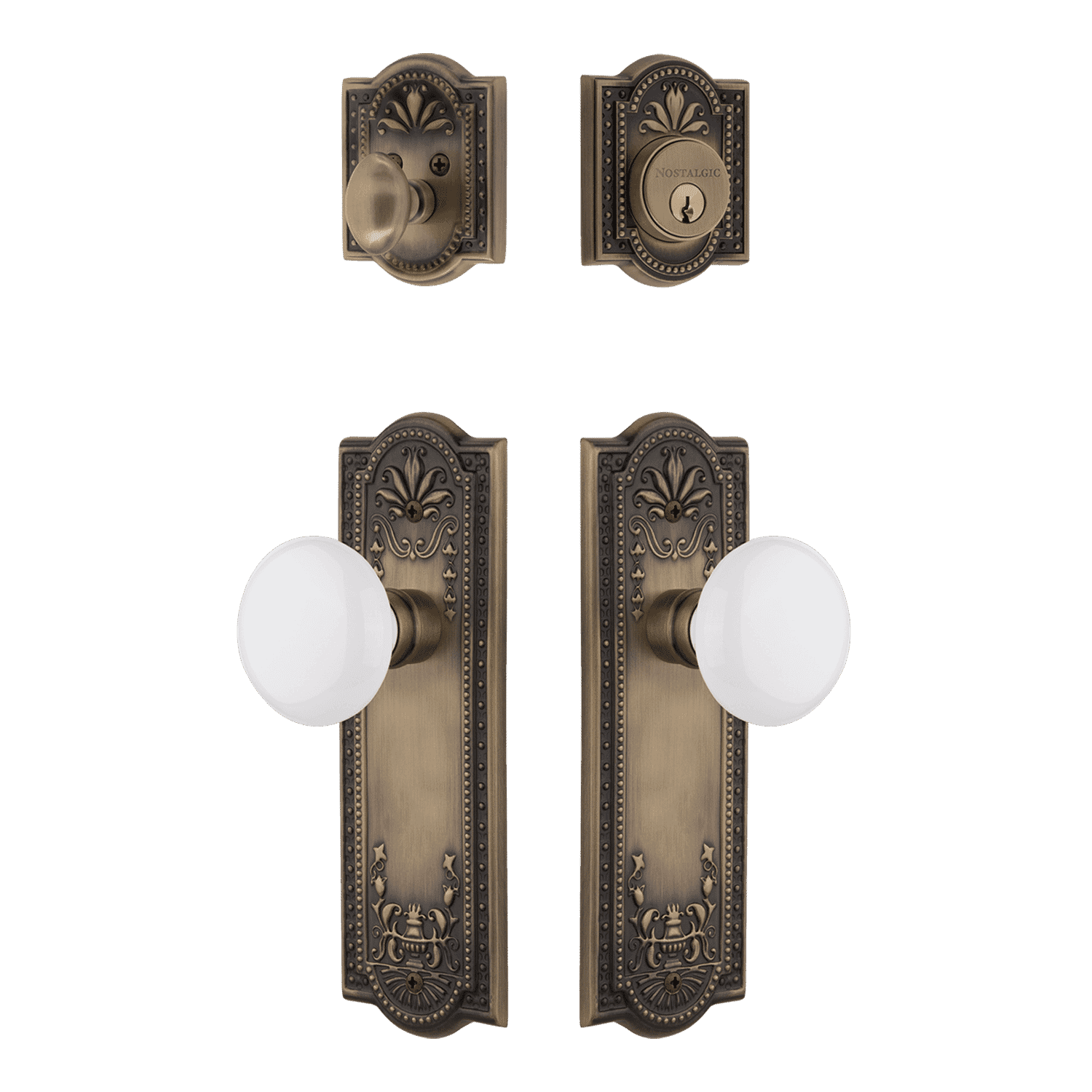 Antique Brass Entry Door Handle Set with White Porcelain Knob - Elegant Vintage Style for Home, Office & Cabin Doors