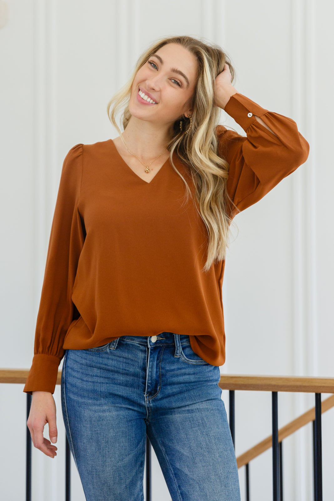 Stylish V-Neck Blouse in Toffee Brown - Perfect for Work, Date Night & Casual Outfits | Women's Fashion Top