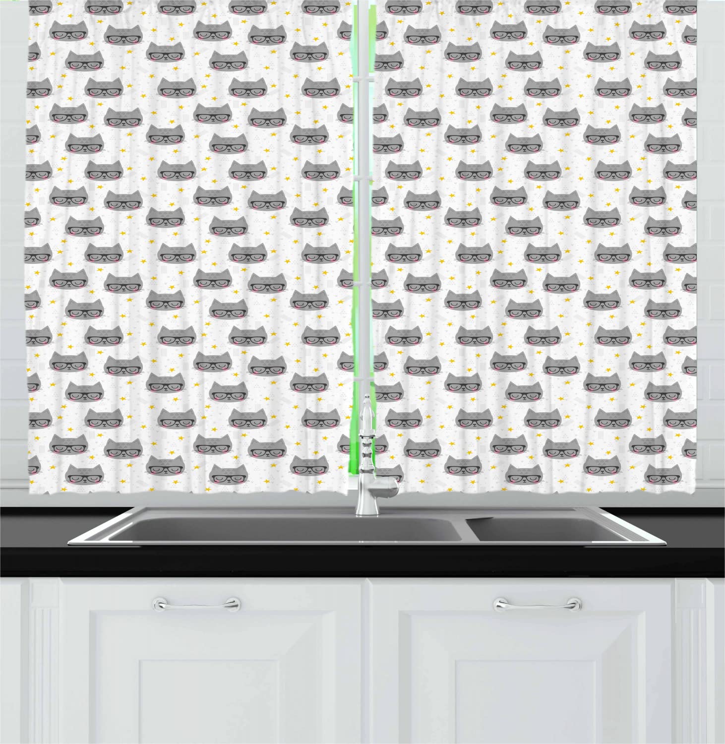 Ambesonne Cat Kitchen Curtains - Hipster Cats with Glasses Sleeping on Stars Geometric Design, 2 Panel Rod Pocket Drapes 55x45 Inches, Yellow White Grey - Perfect for Kitchen Windows, Dining Room Decor & Cat Lover Gifts