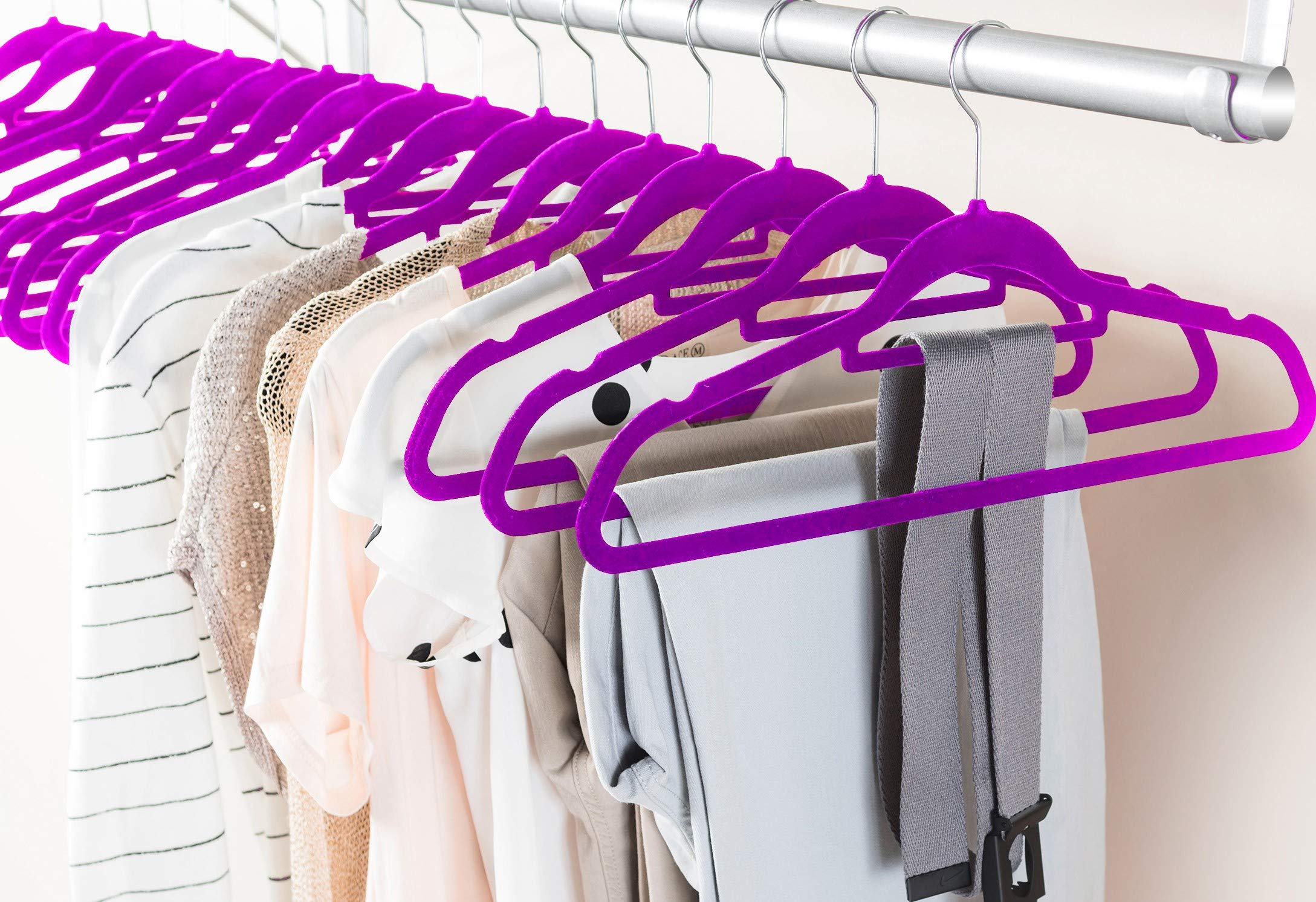 Zober 20-Pack Velvet Hangers with Tie Bar - Non-Slip Swivel Hook Slim Felt Clothes Hangers for Suits, Pants, Coats & Dresses - Space Saving Wardrobe Organization (Purple) - Perfect for Closet, Travel & Dry Cleaning Storage