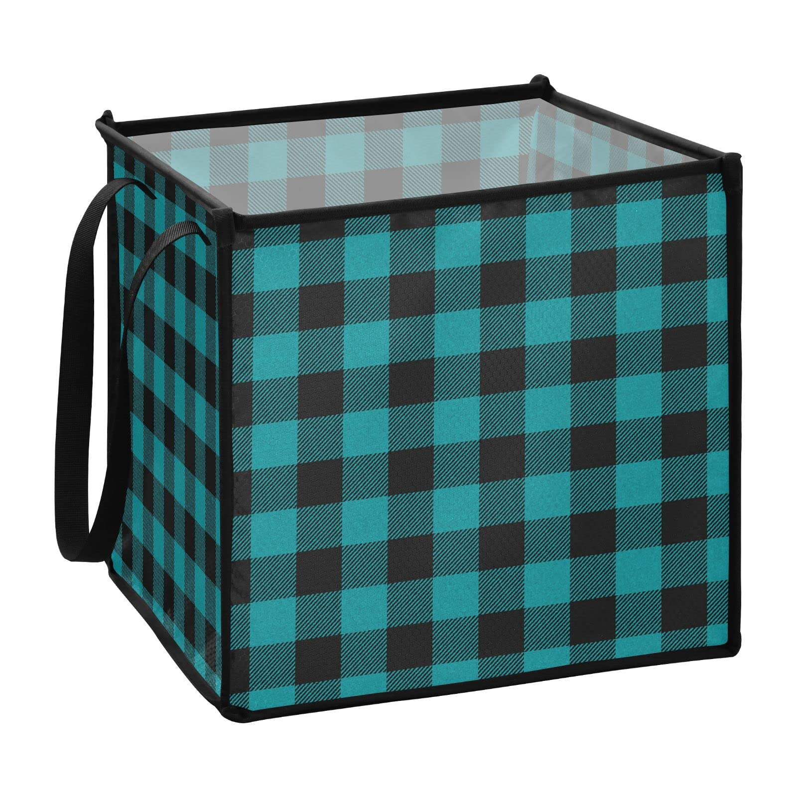 Teal and Black Buffalo Plaid Collapsible Storage Bins with Handles - 10.6x10.6x10.6 Inch Foldable Fabric Cube Organizer for Toys, Nursery, Shelves & Closet - Perfect for Home, Office, and Kids' Room Organization