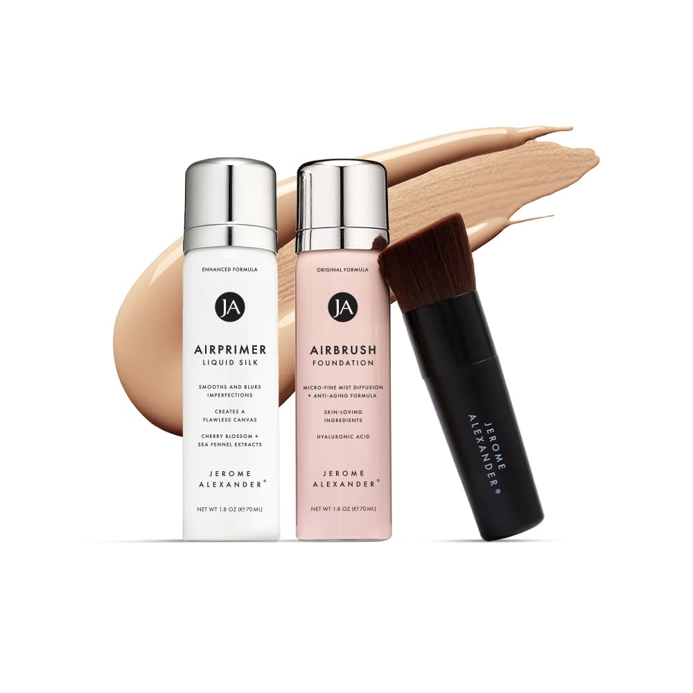 Jerome Alexander MagicMinerals AirBrush Foundation 3-Piece Set with Primer, Kabuki Brush & Anti-Aging Spray Makeup - Warm Beige for Smooth Radiant Skin | Perfect for Professional Makeup Application, Bridal Looks & Flawless Everyday Coverage